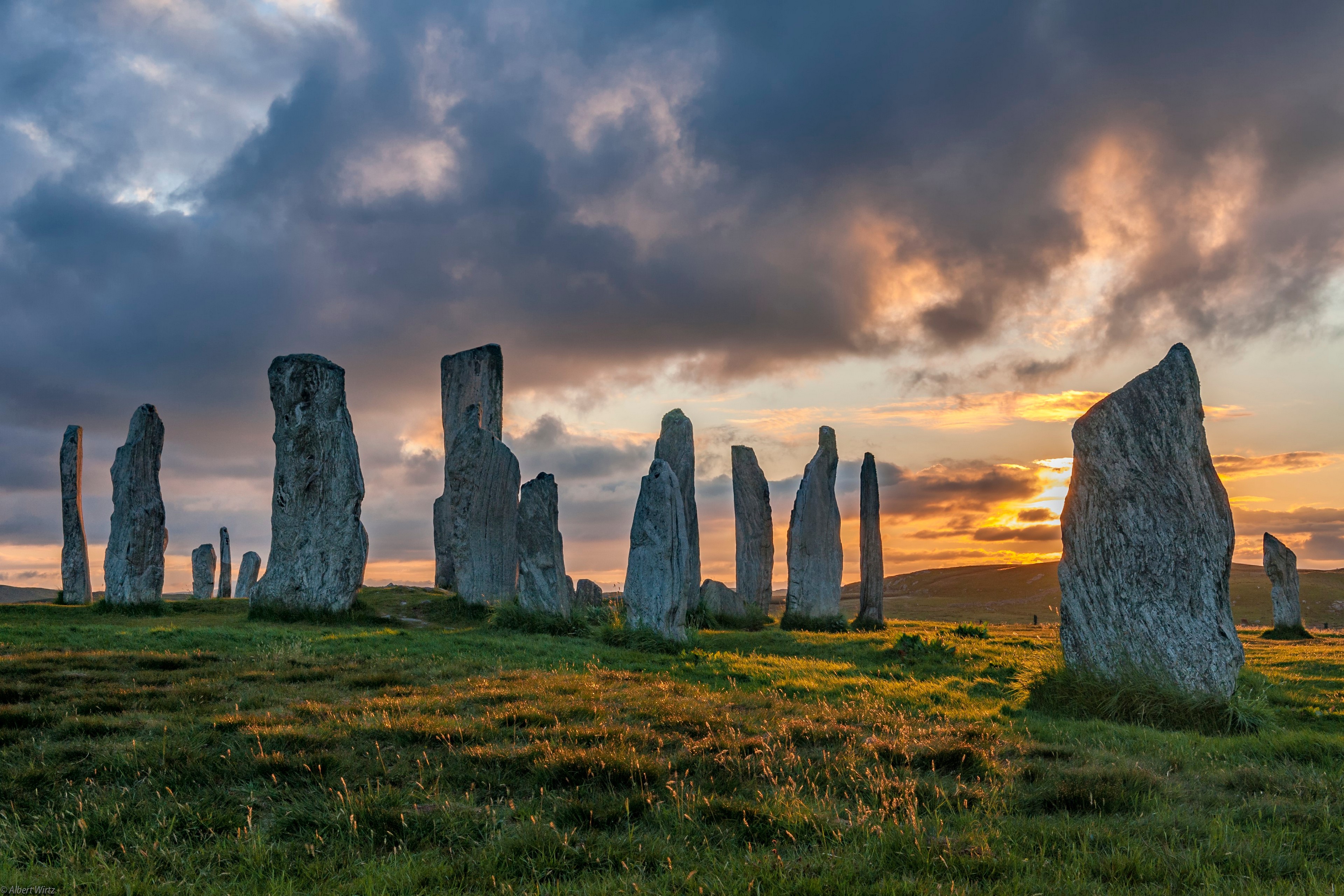 4K, Callanish Stones, Scotland, Stones, Sunrises and sunsets, Clouds, Grass Gallery HD Wallpaper