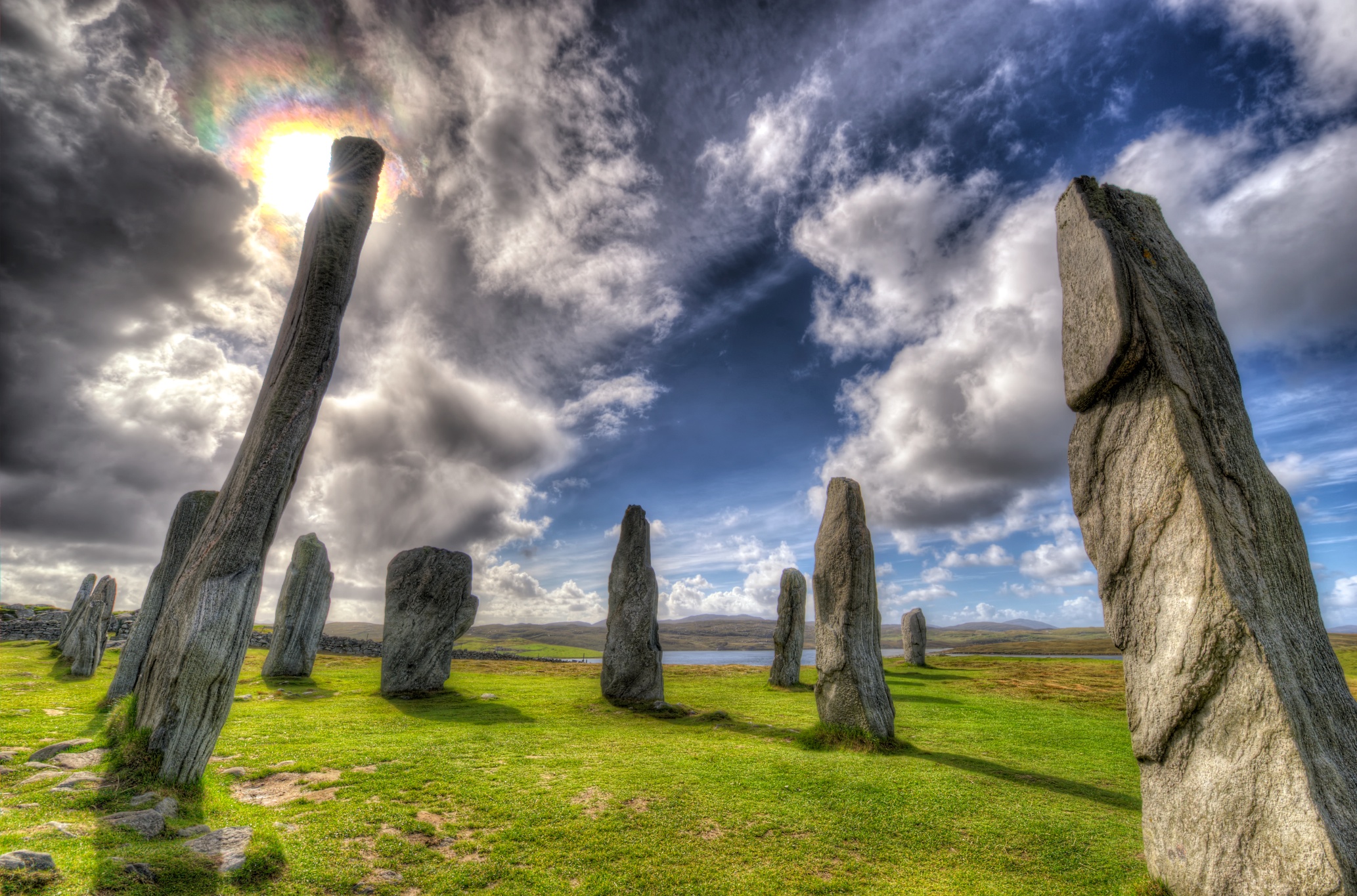 Wallpaper, sunlight, landscape, rock, grass, sky, stones, Scotland, HDR, Nikon, monument, cloud, tree, meadow, d3s, woody plant, meteorological phenomenon, stonecircle, nikkor1424mmf28, standingstones, megalithic, callanish, isleoflewis, stornoway