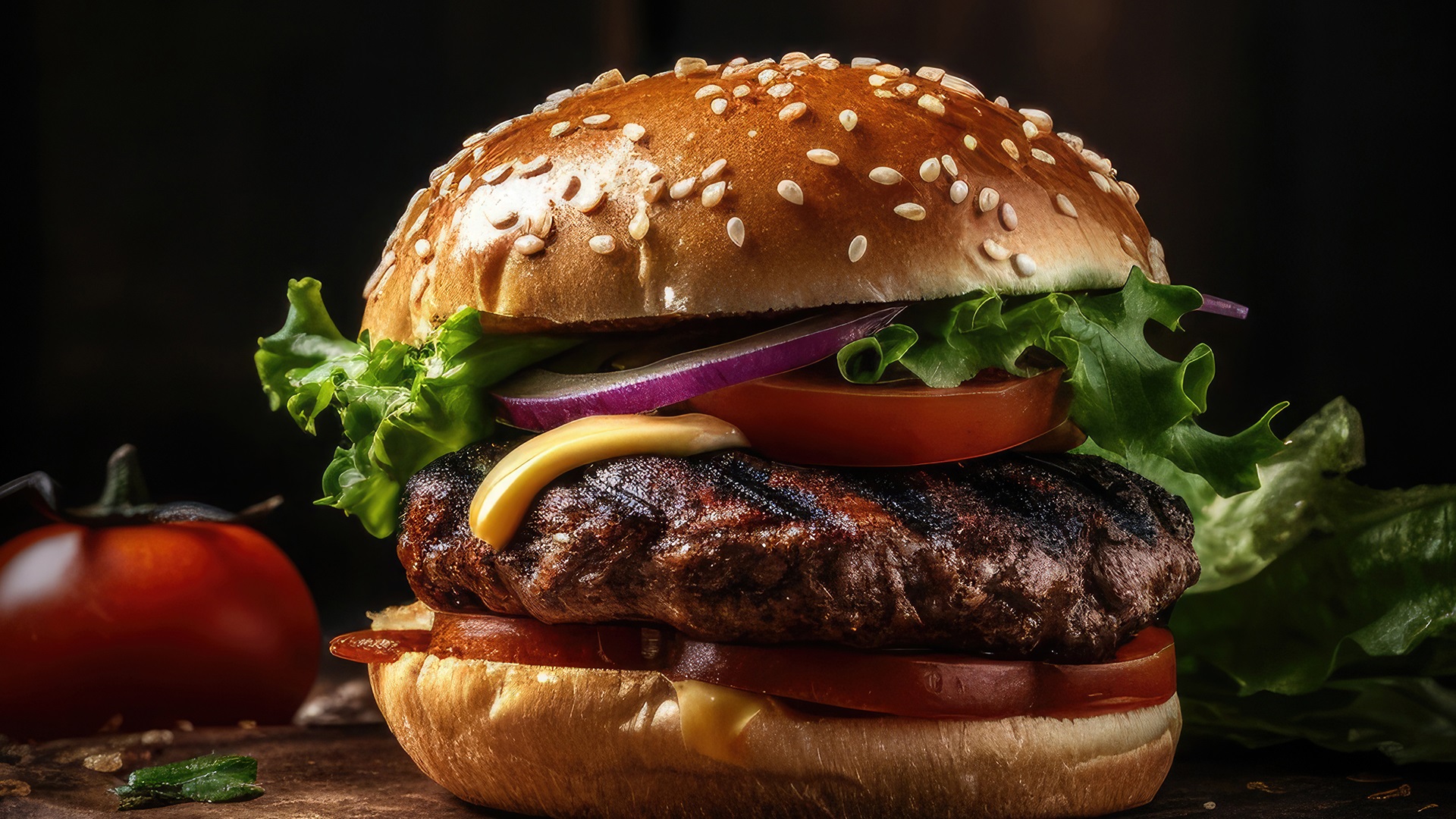 Side View Of A Burger On A Dark Rustic Background With Beef And Cream Cheese Realistic Closeup Photography