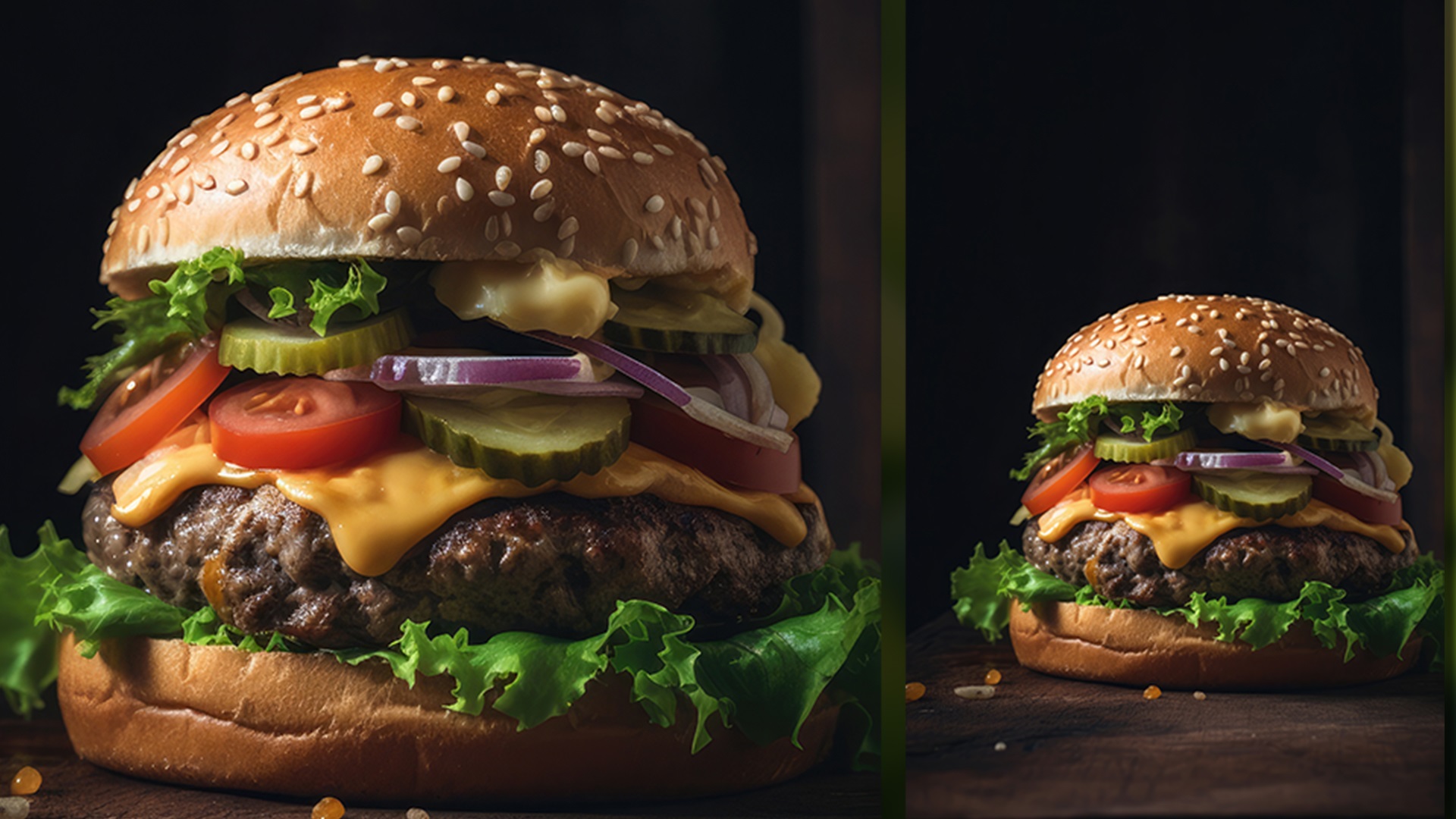 This is a Side view of a Burger on a dark rustic background with beef and cream cheese Realistic Closeup Photography