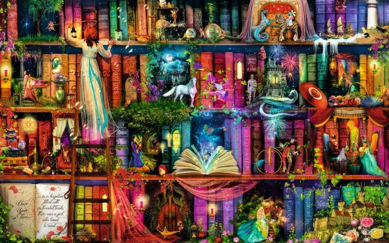 Download Magical Bookshelf Library Background