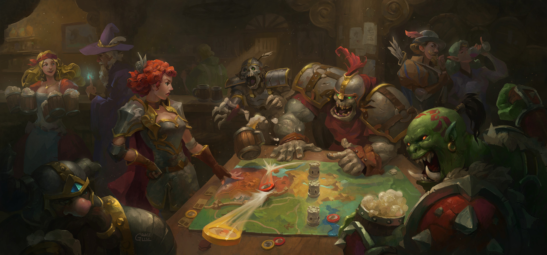 Fantasy Art Warrior Fantasy Girl Tavern Redhead Beer Map Orks Dwarfs Wallpaper:1920x896