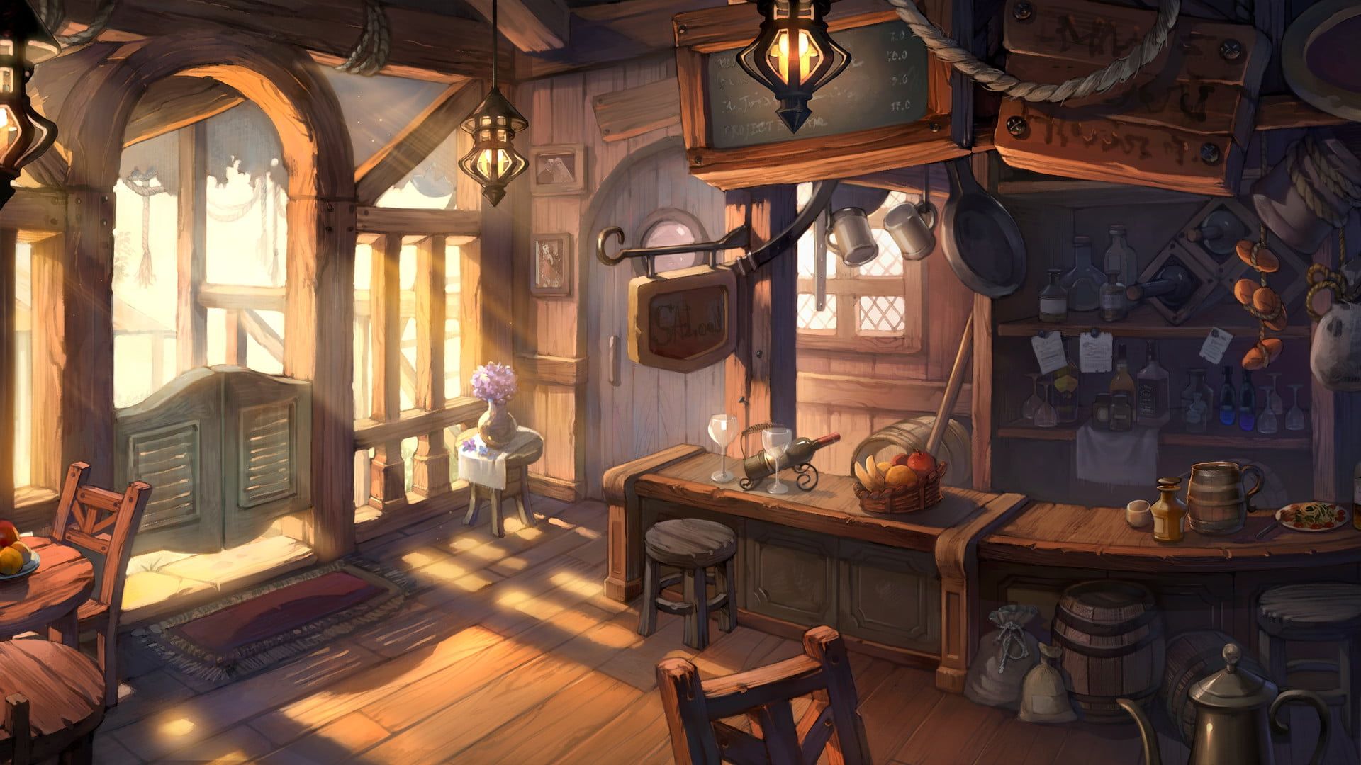 HD wallpaper: tavern, wood, sunlight, drawing, chair, wooden surface, baskets. Fantasy rooms, Fantasy landscape, Concept art