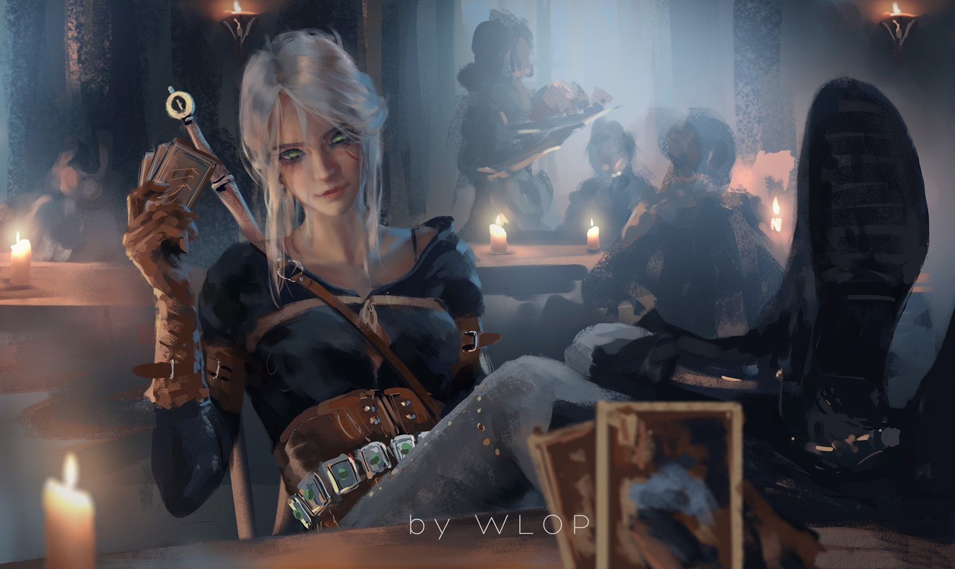 Wallpaper. Fantasy. photo. picture. tavern, girl, The sword, map, wlop