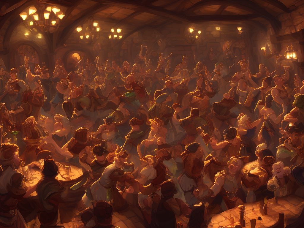 Direct Shark578: A Fantasy Tavern Full Of Warrors Dancing And Drinking To Music From A Bard, Stylized, Digital Art