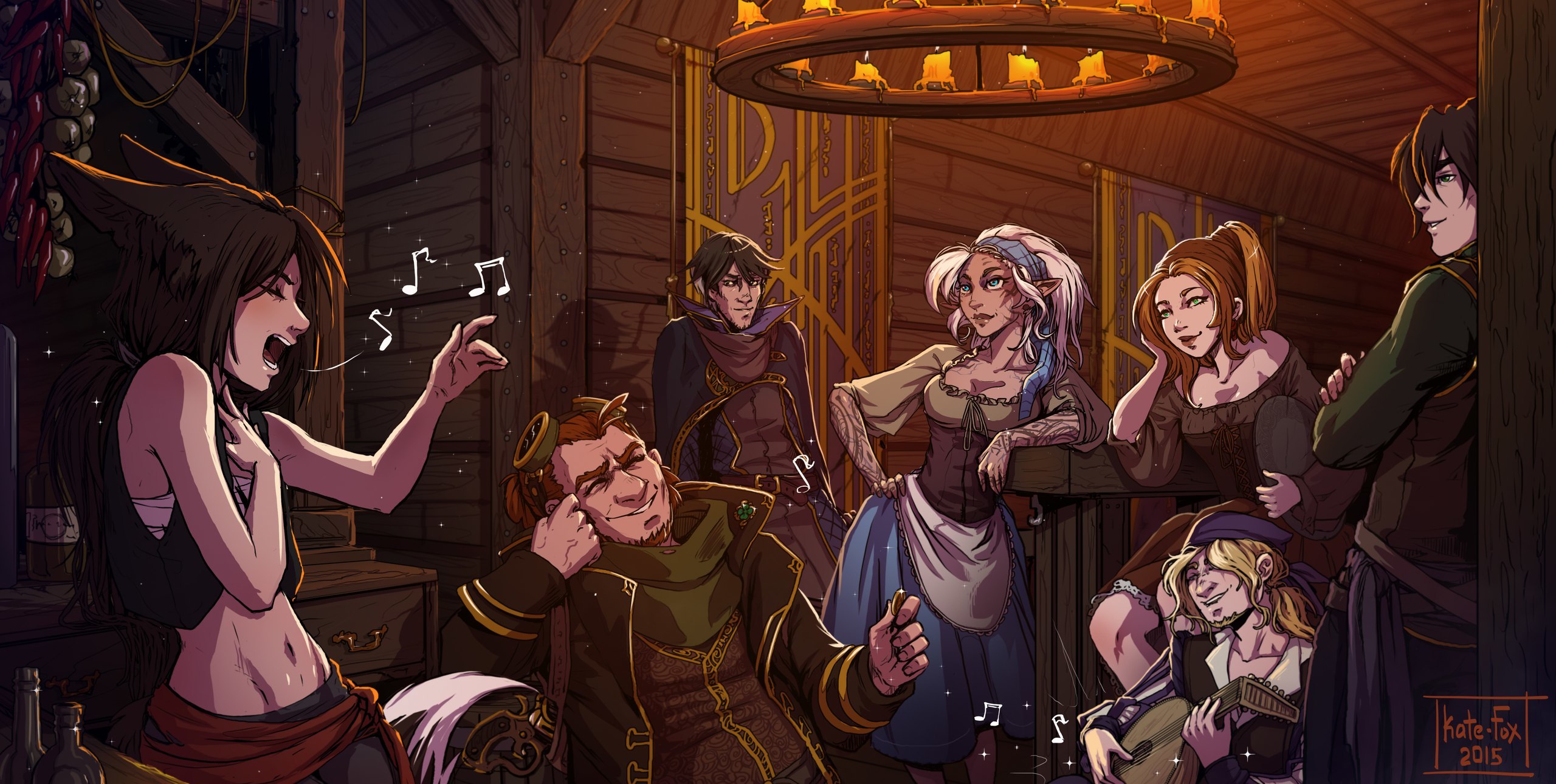 Download wallpaper joy, notes, music, music, tattoo, clover, girl, elf, Art, attention, Katrin, elf, tavern, bard, singing, kitsune, section fantasy in resolution 2560x1290