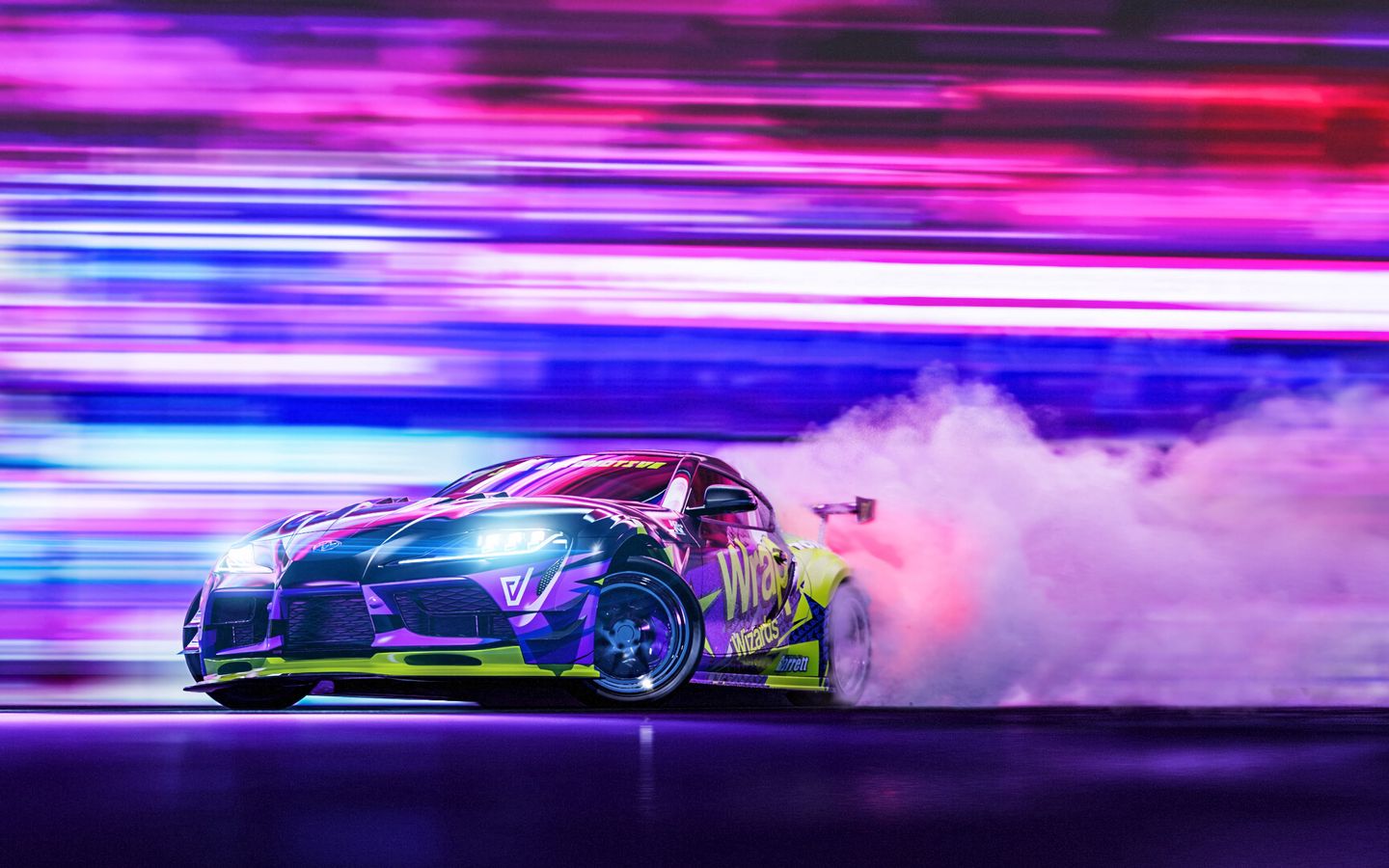 Download wallpaper 1440x900 sportscar, drift, neon, smoke, speed widescreen 16:10 HD background