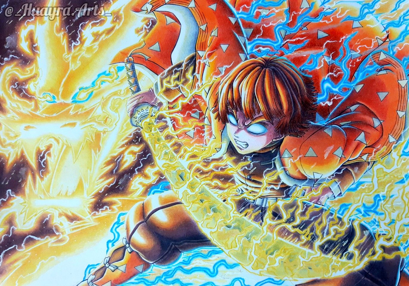 Agatsuma Zenitsu Seventh Form Flaming Thunder God. Anime, Painting, Art