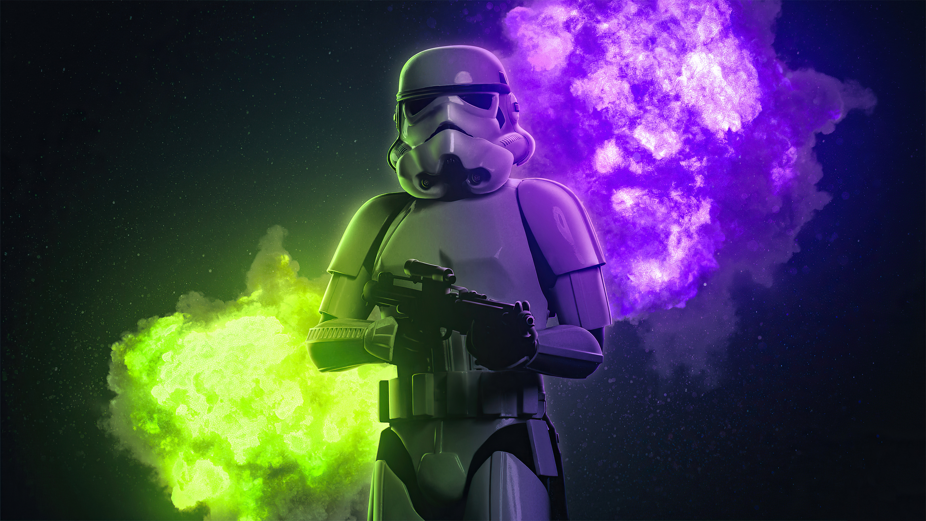 Stormtrooper with a Green and Purple Smoke Background