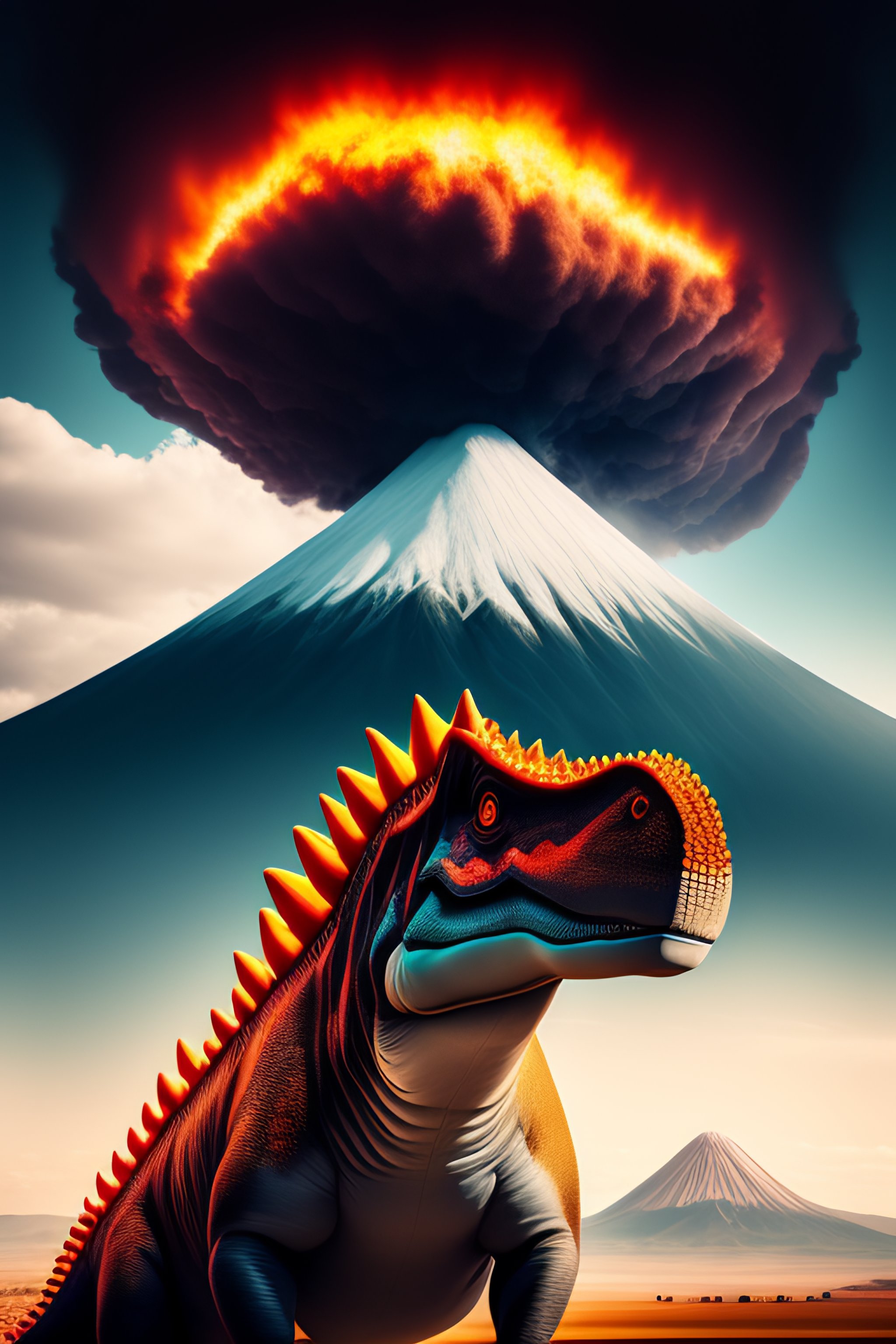 A scary dinosaur with an exploding volcano in the background