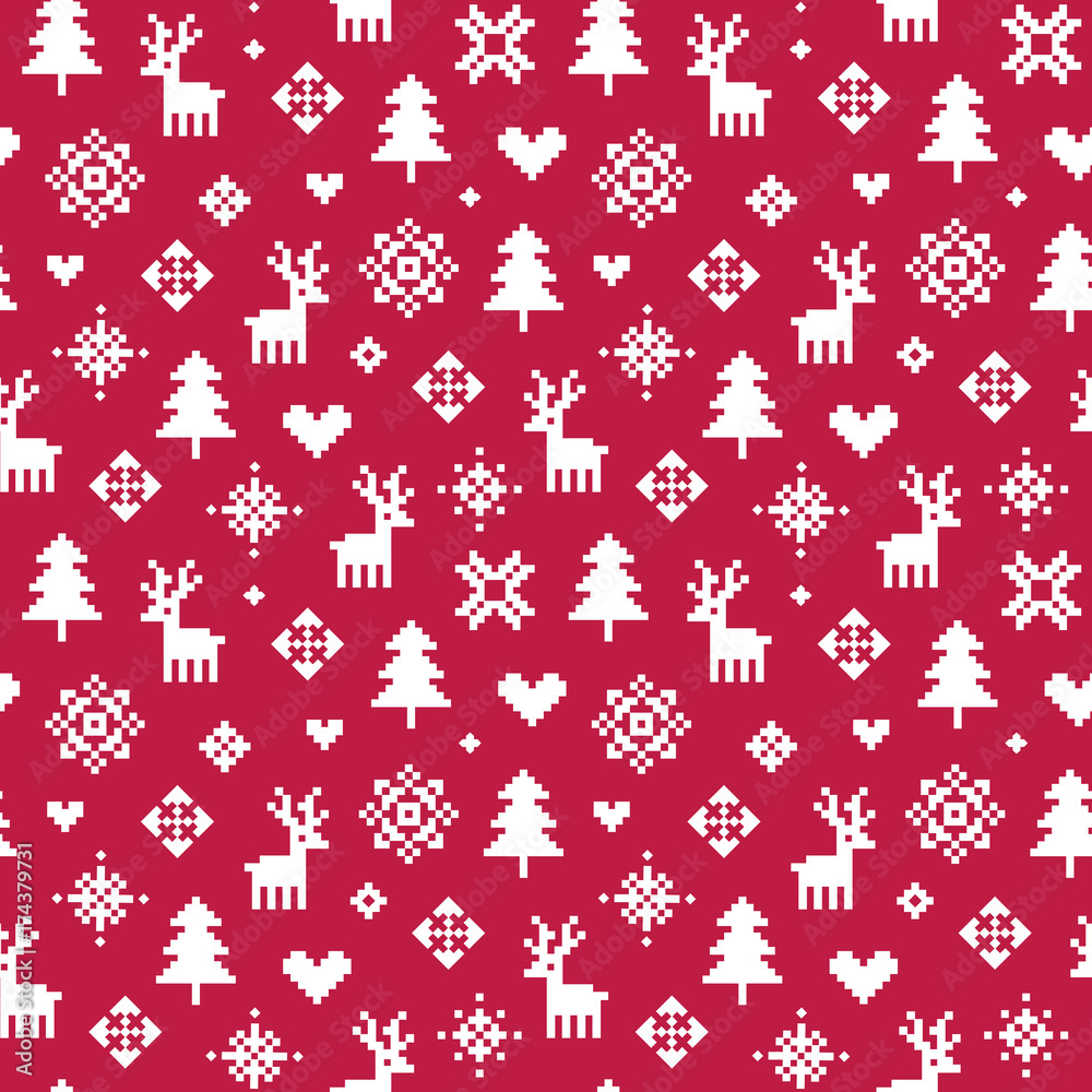 Cute vector seamless winter holiday background in red and white. Forest theme with reindeer, trees, snowflakes and hearts for Christmas. For greeting cards, gift wrapping paper, wallpaper. Stock Vector