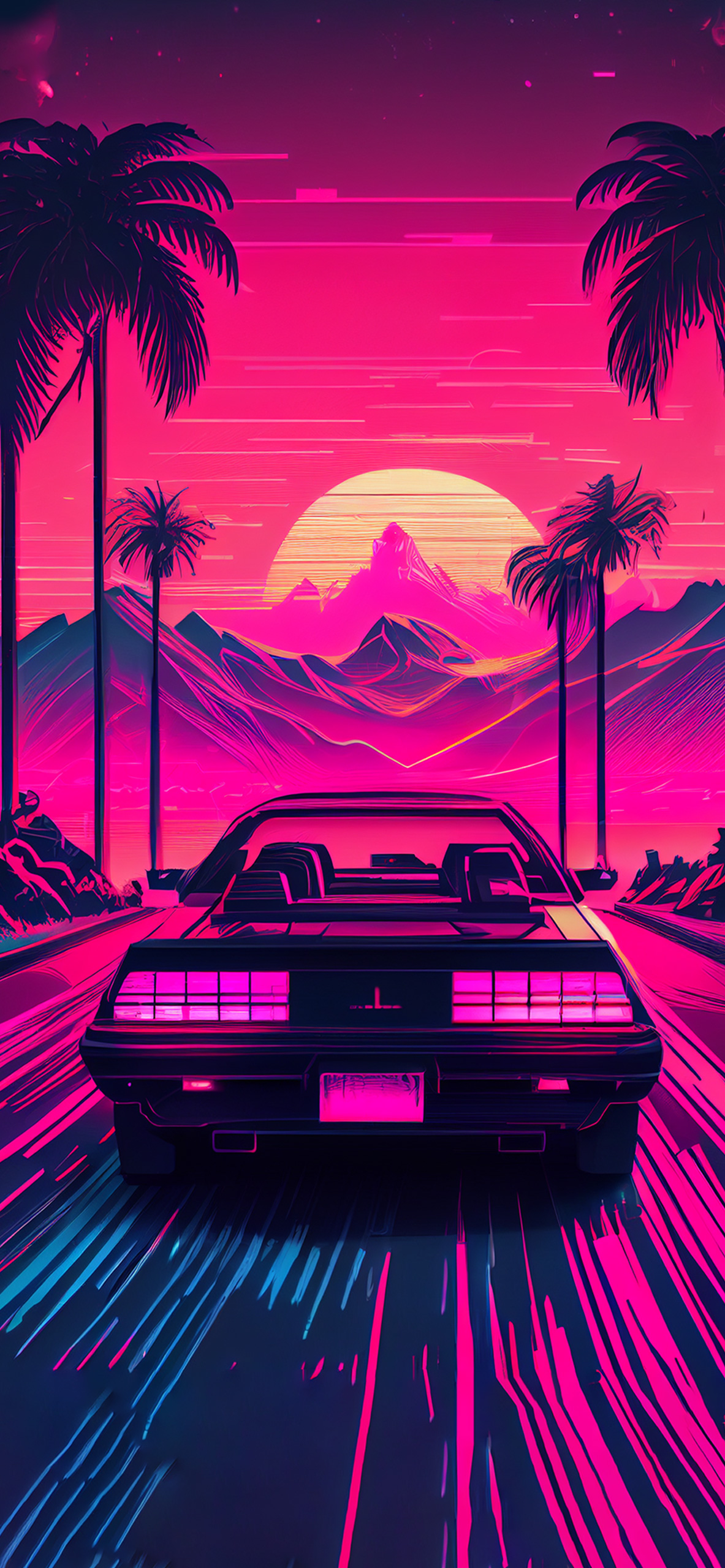 Synthwave Car on the Road Wallpaper