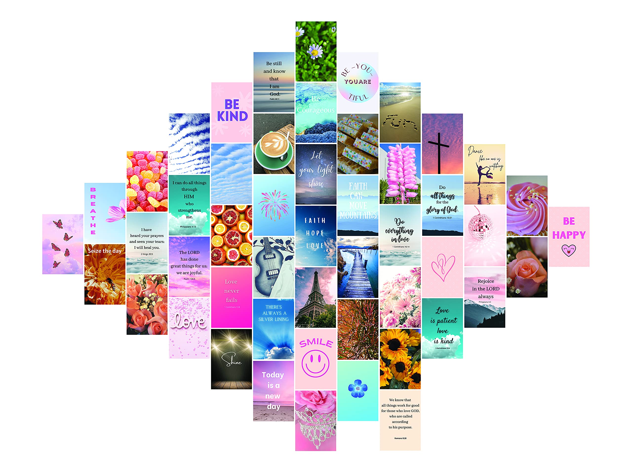 CASABELLES Inspiring Bible Verse Wall Decor for Teen Girls, 50 Set 4x6 inch, Photo Collage Kit, Pink Blue Aesthetic Bedroom & Dorm Decor to Inspire, Encourage and Motivate: Posters