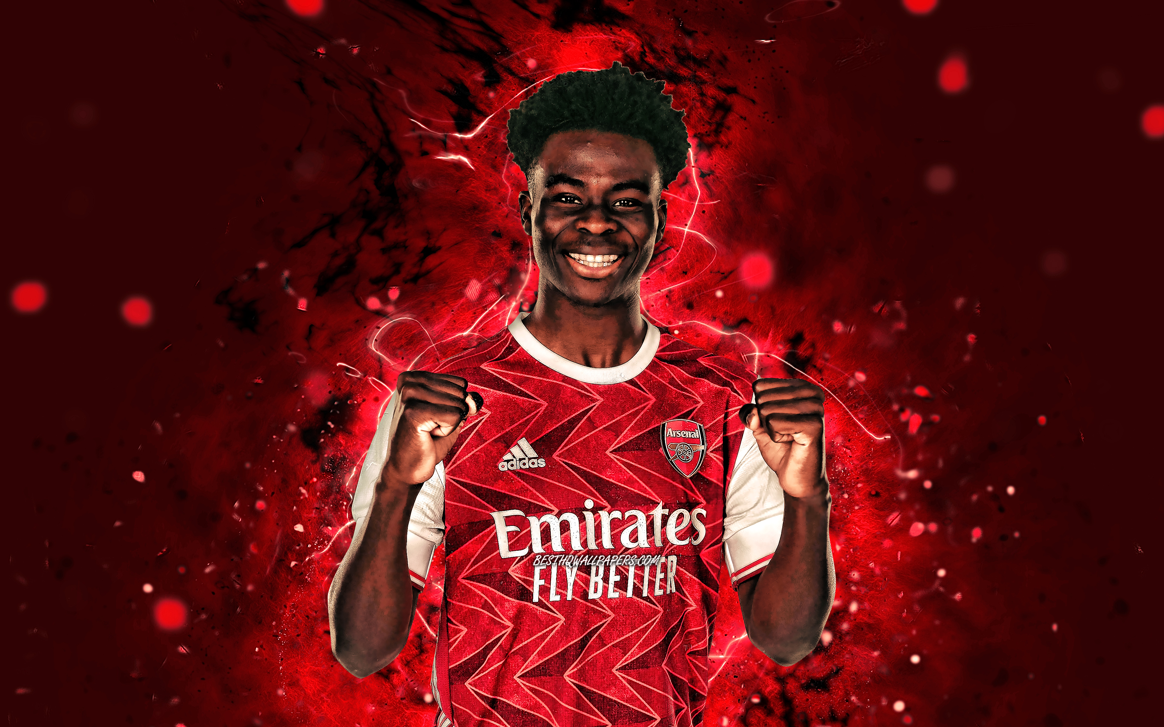 Download wallpaper Bukayo Saka, 4k, 2020, English footballers, Arsenal FC, neon lights, soccer, Premier League, football, The Gunners, Bukayo Saka Arsenal for desktop with resolution 3840x2400. High Quality HD picture wallpaper