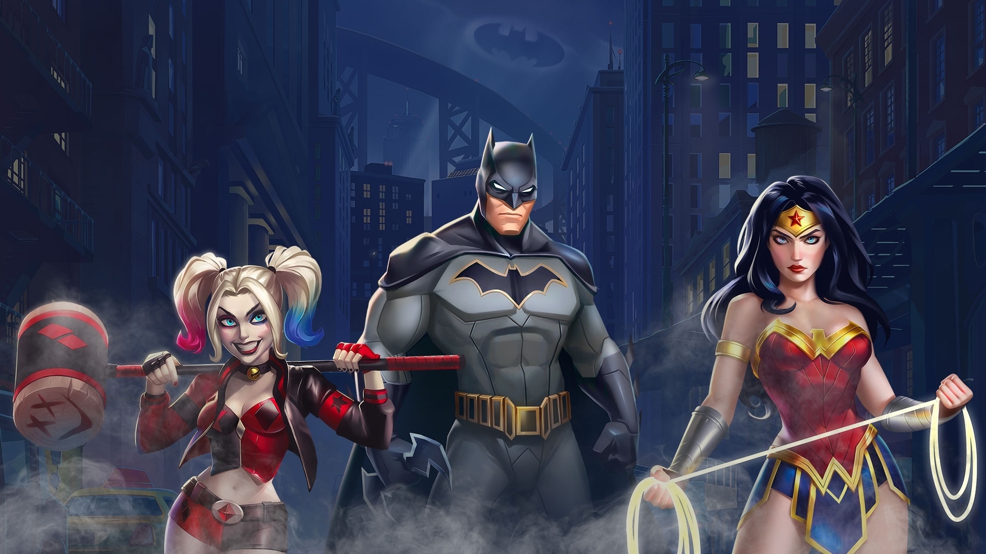 Desktop Wallpaper Dc Comics, Batman, Wonder Woman, Harley Quinn, Game Art, HD Image, Picture, Background, 293ce3