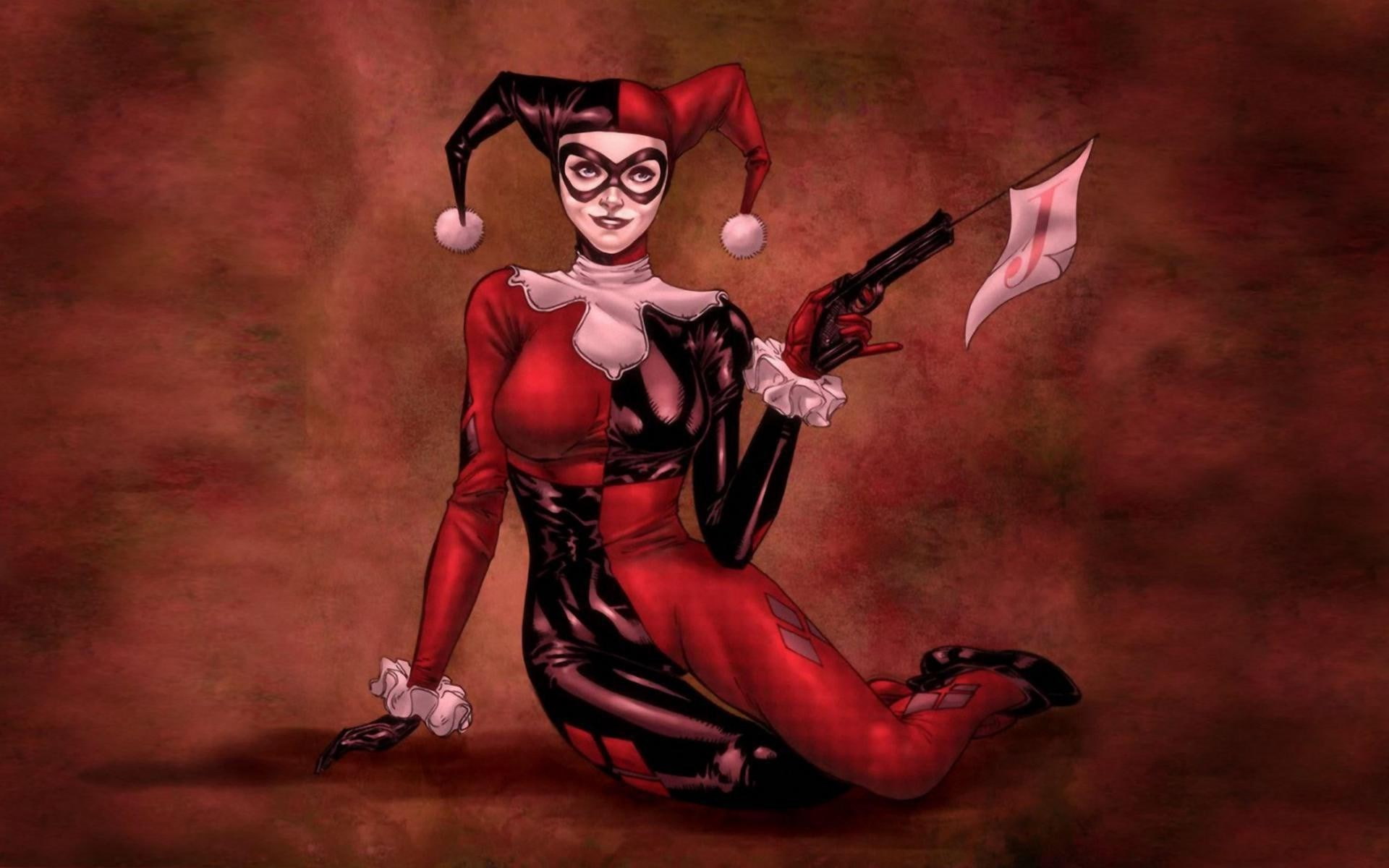 Wallpaper / body paint, studio shot, young adult, Harley Quinn, one person, indoors, weapon, fantasy, evil, shirtless, red, clothing, cowboy, adult, costume, knife free download
