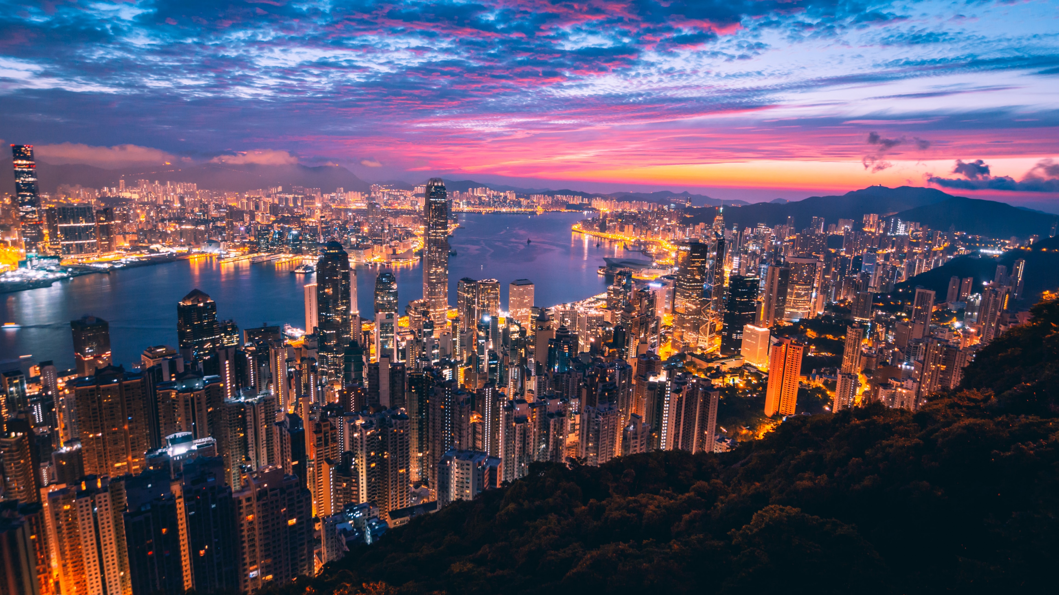 Hong Kong Wallpaper 4K, Cityscape, Night, City lights