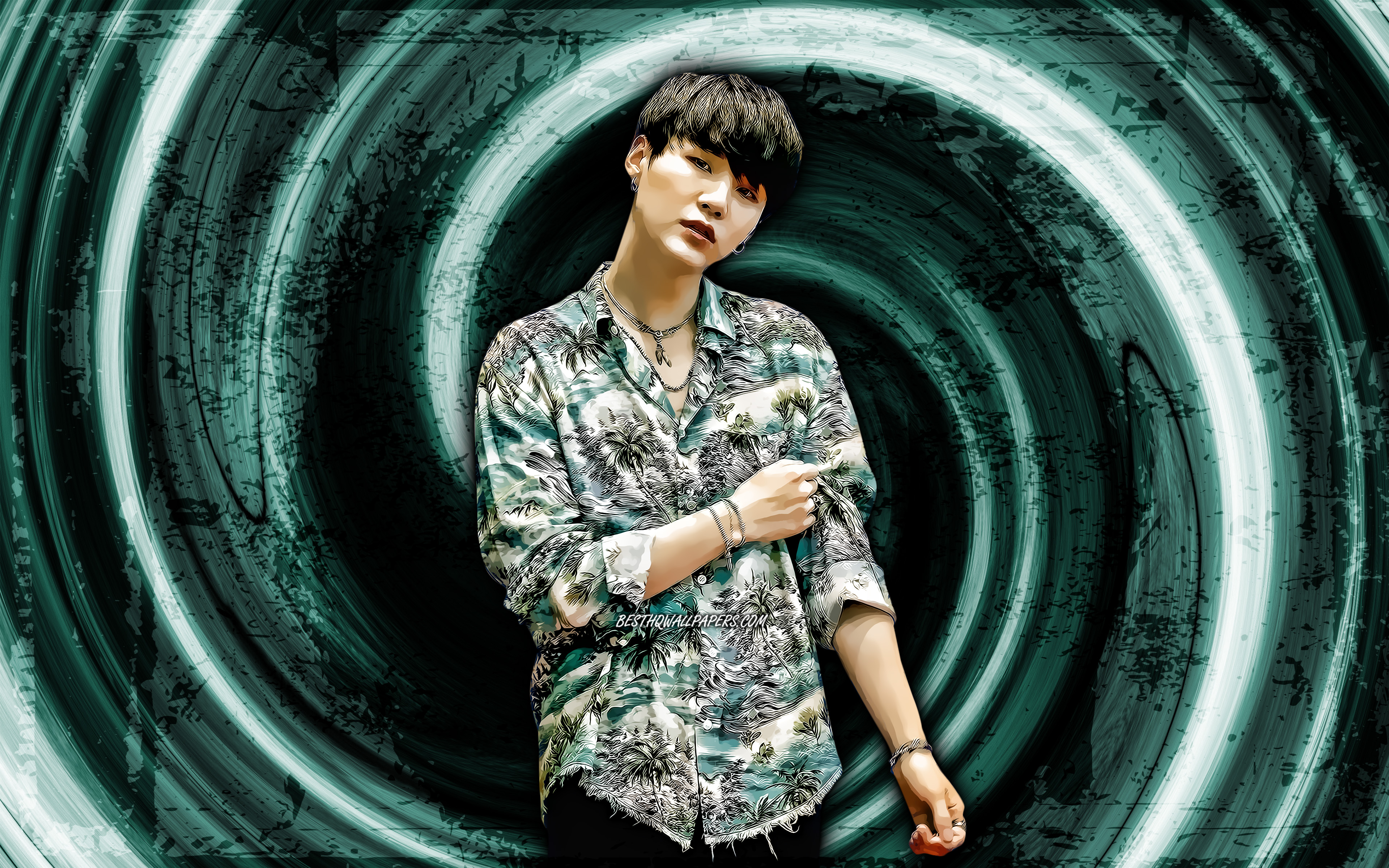 Download Wallpaper 4k, Suga, Turquoise Grunge Background, Bangtan Boys, Kpop, Korean Singer, Music Stars, Vortex, Korean Band, Min Yoon Gi, Creative, K Pop, Suga BTS, Suga 4K For Desktop With Resolution 3840x2400. High Quality