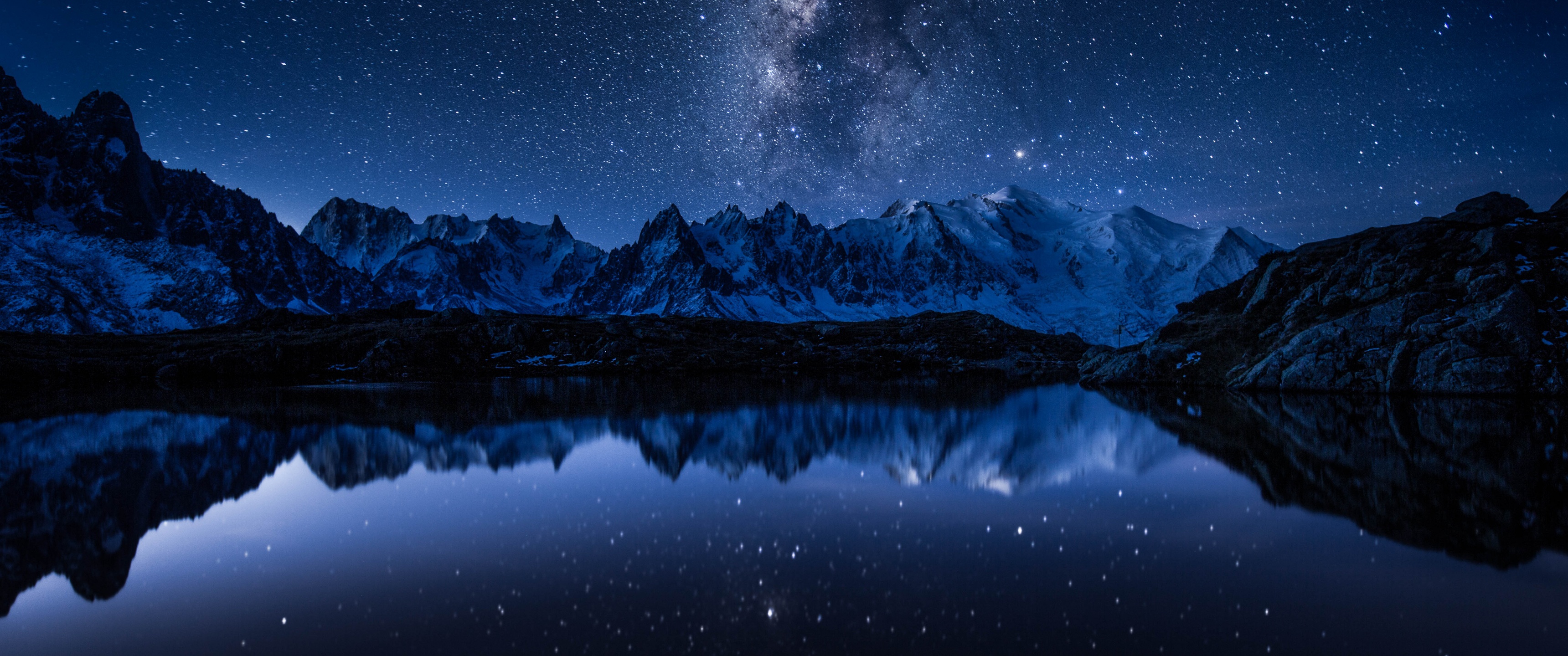 Milky Way Wallpaper 4K, Night, Starry sky, Mountains