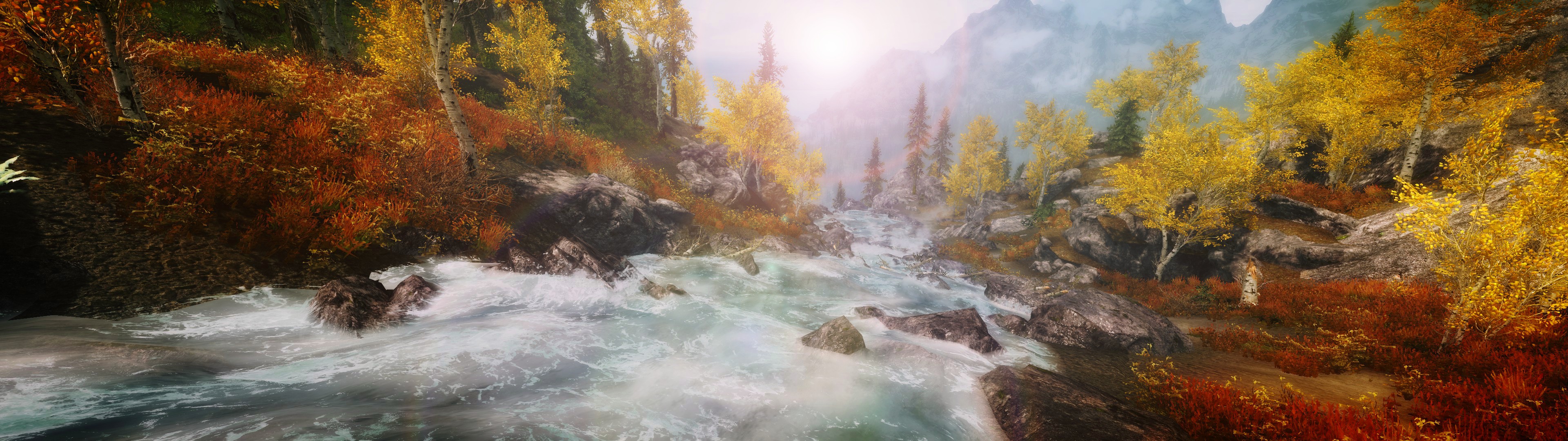 Wallpaper, landscape, forest, nature, river, The Elder Scrolls V Skyrim, multiple display, stream, autumn, season, Rapid, habitat, atmospheric phenomenon 3840x1080