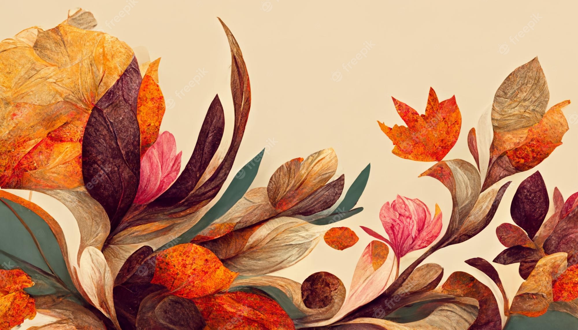 Premium Photo. Autumn floral detail and texture abstract floral organic wallpaper background illustration with organic line the leaves are lined up close together