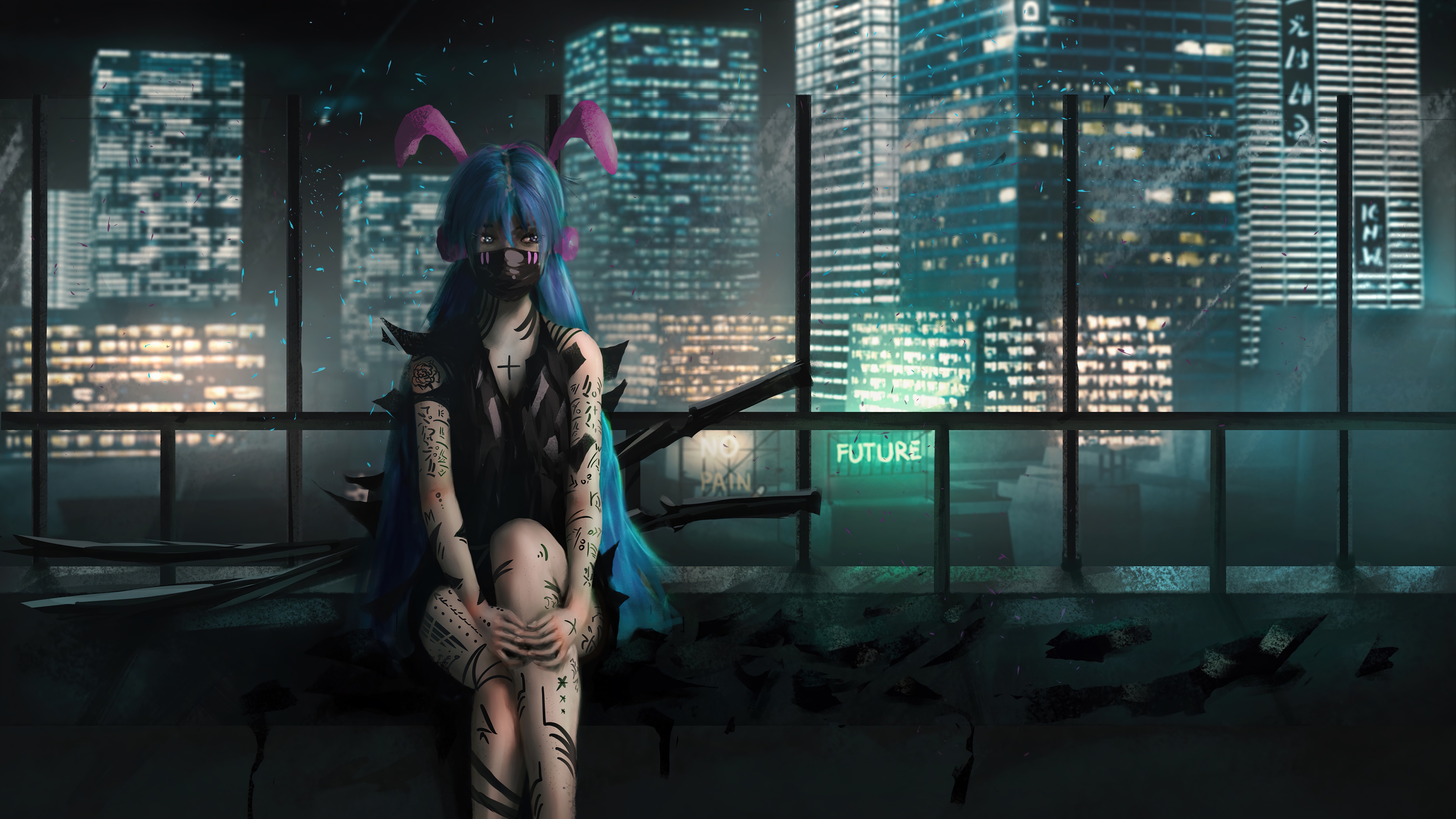 wallpaper, anime, girl, tattoo, mask, city, 4k, HD Gallery HD Wallpaper