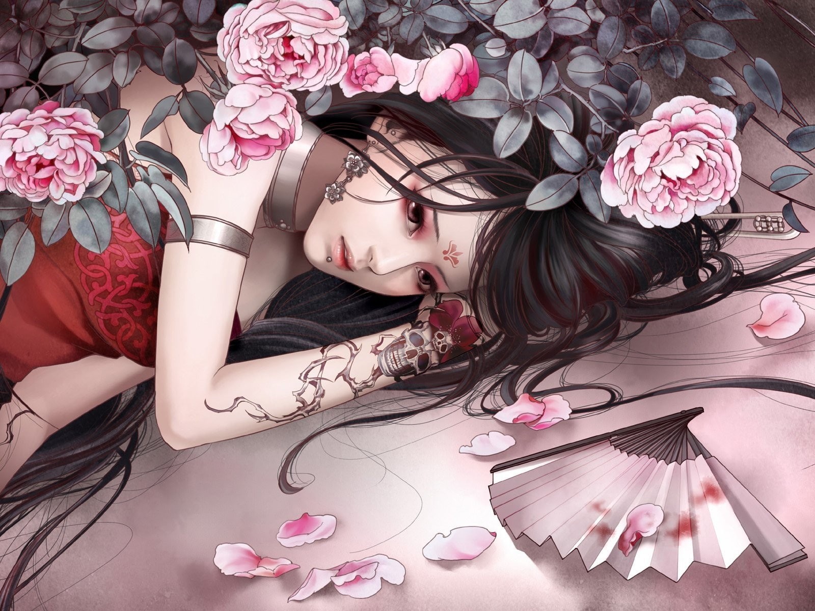 Wallpaper / Zhang Xiao Bai, 720P, tattoo, anime girls, anime, fantasy girl, original characters, China, flowers free download