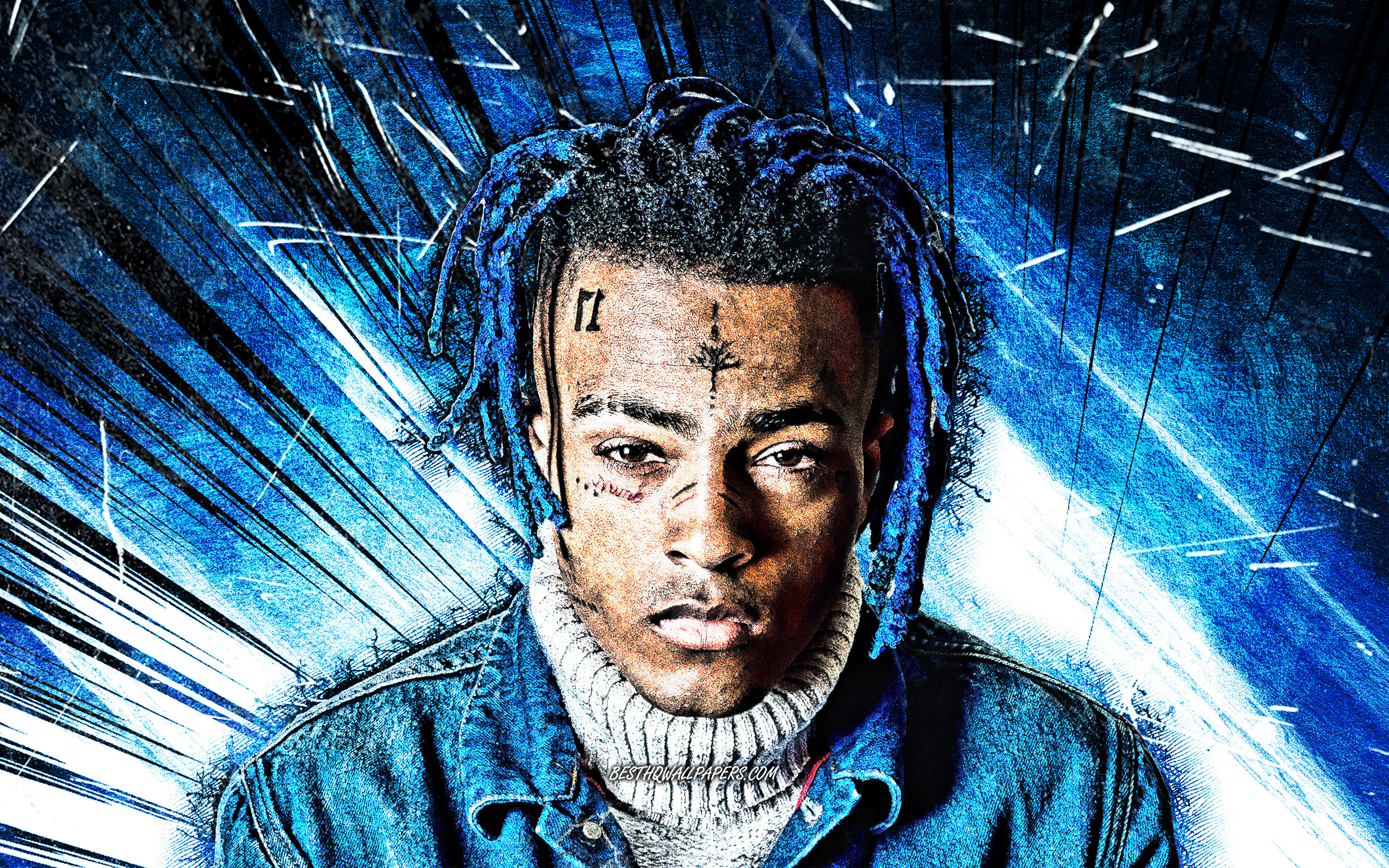 Download wallpaper 4k, XXXTentacion, grunge art, american rapper, music stars, creative, blue abstract rays, american celebrity, Jahseh Dwayne Ricardo Onfroy, XXXTentacion 4K for desktop with resolution 3840x2400. High Quality HD picture wallpaper