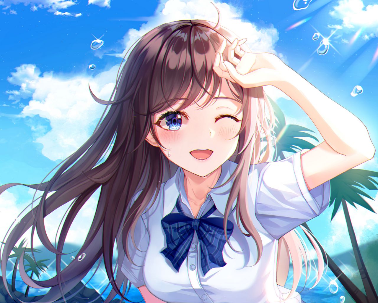 Download wallpaper 1280x1024 girl, smile, beach, summer, anime, art, cartoon standard 5:4 HD background