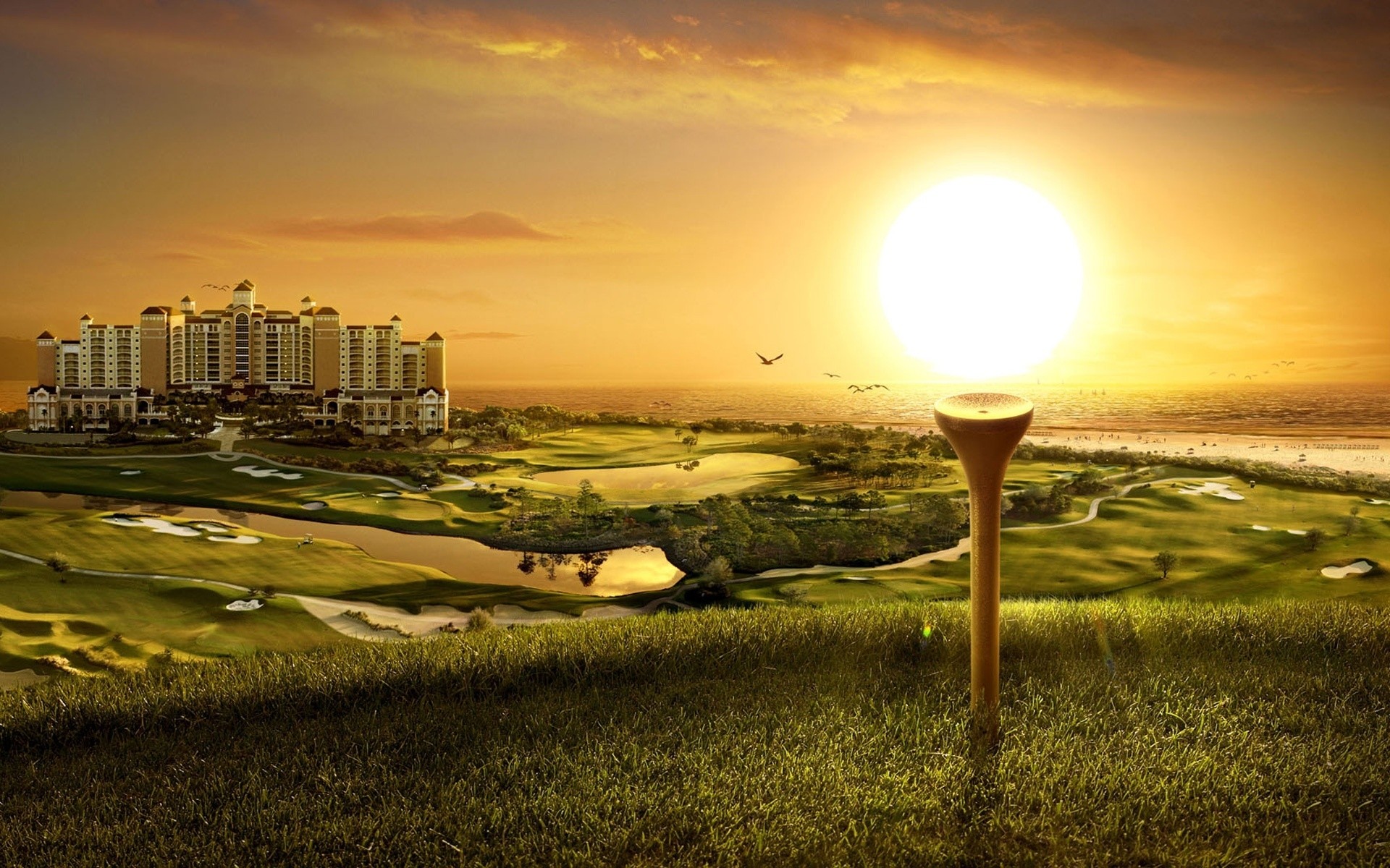 Golf on the background of the city and sunset