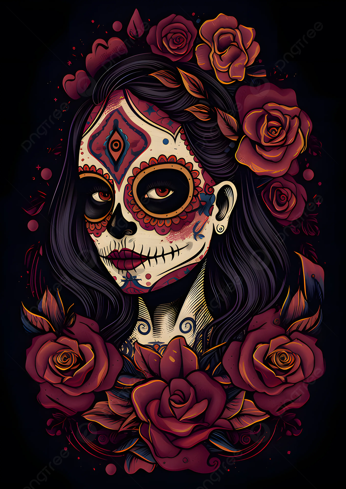 Floral Mexican Day Of The Dead Woman Mask Cartoon Advertising Background Wallpaper Image For Free Download