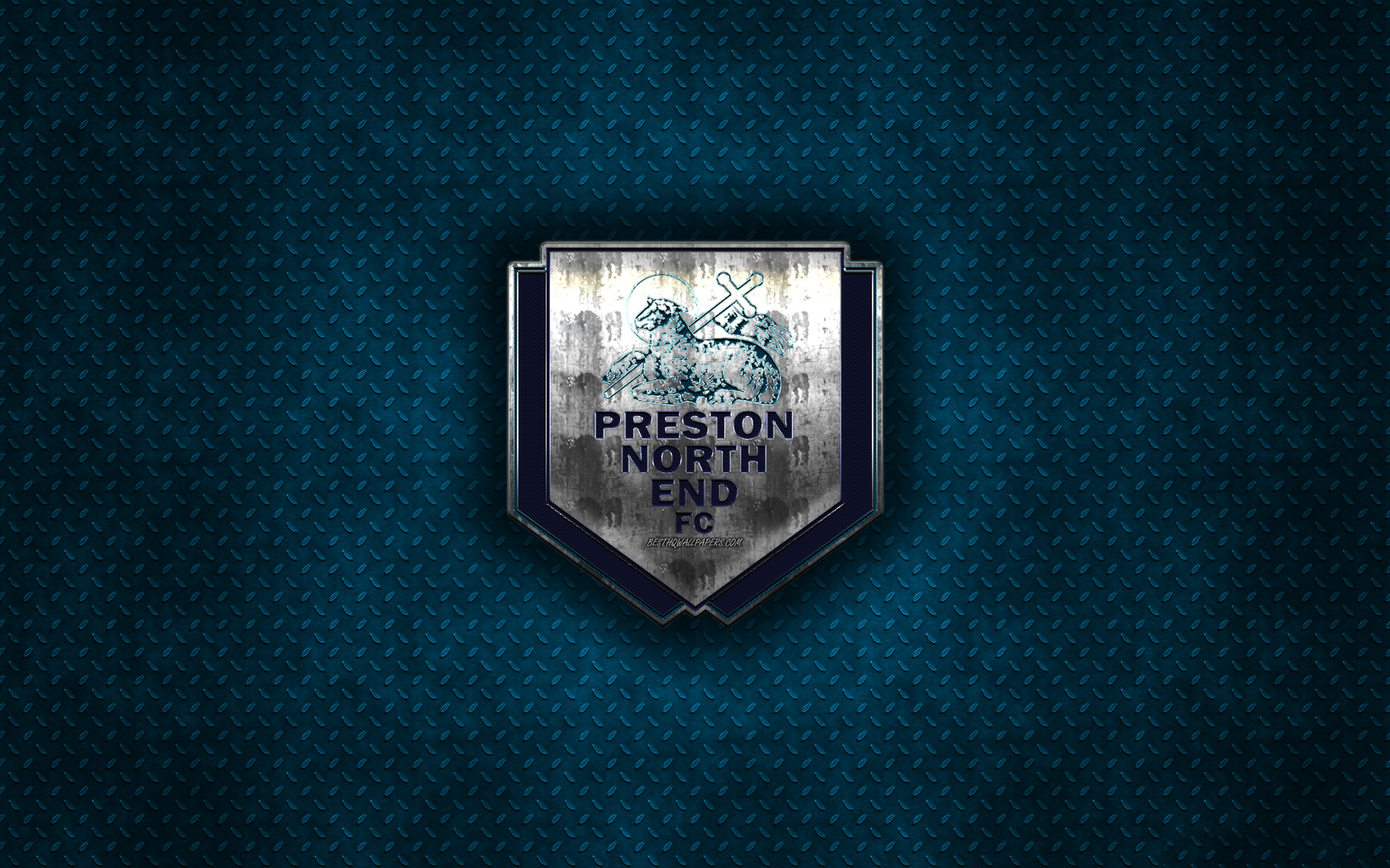 Download wallpaper Preston North End FC, English football club, blue metal texture, metal logo, emblem, Preston, England, EFL Championship, creative art, football for desktop with resolution 2560x1600. High Quality HD picture wallpaper