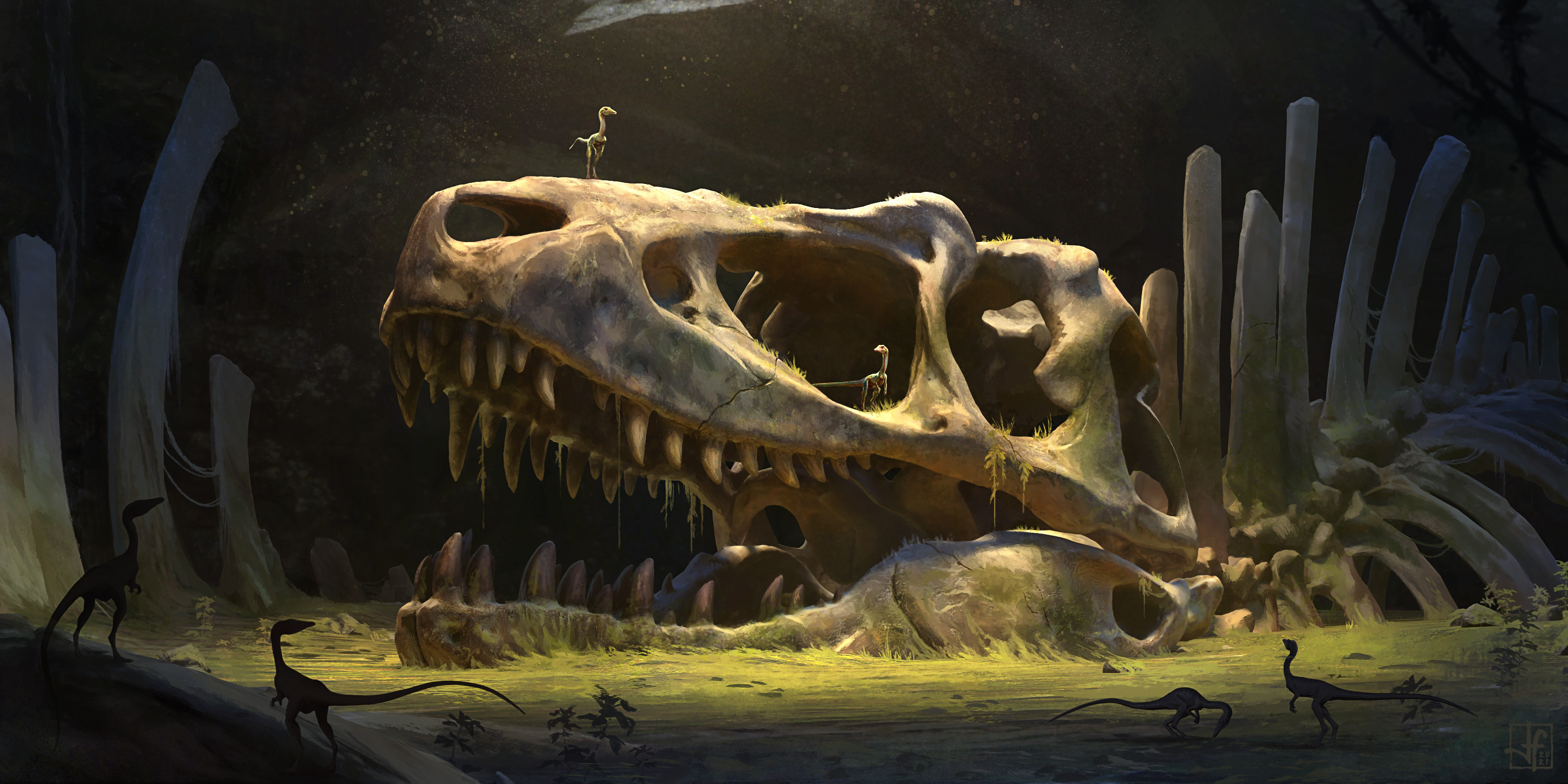 Artwork Digital Art Dinosaurs Bones Fossils Skull Raptor Moss Ancient Wallpaper:3000x1500