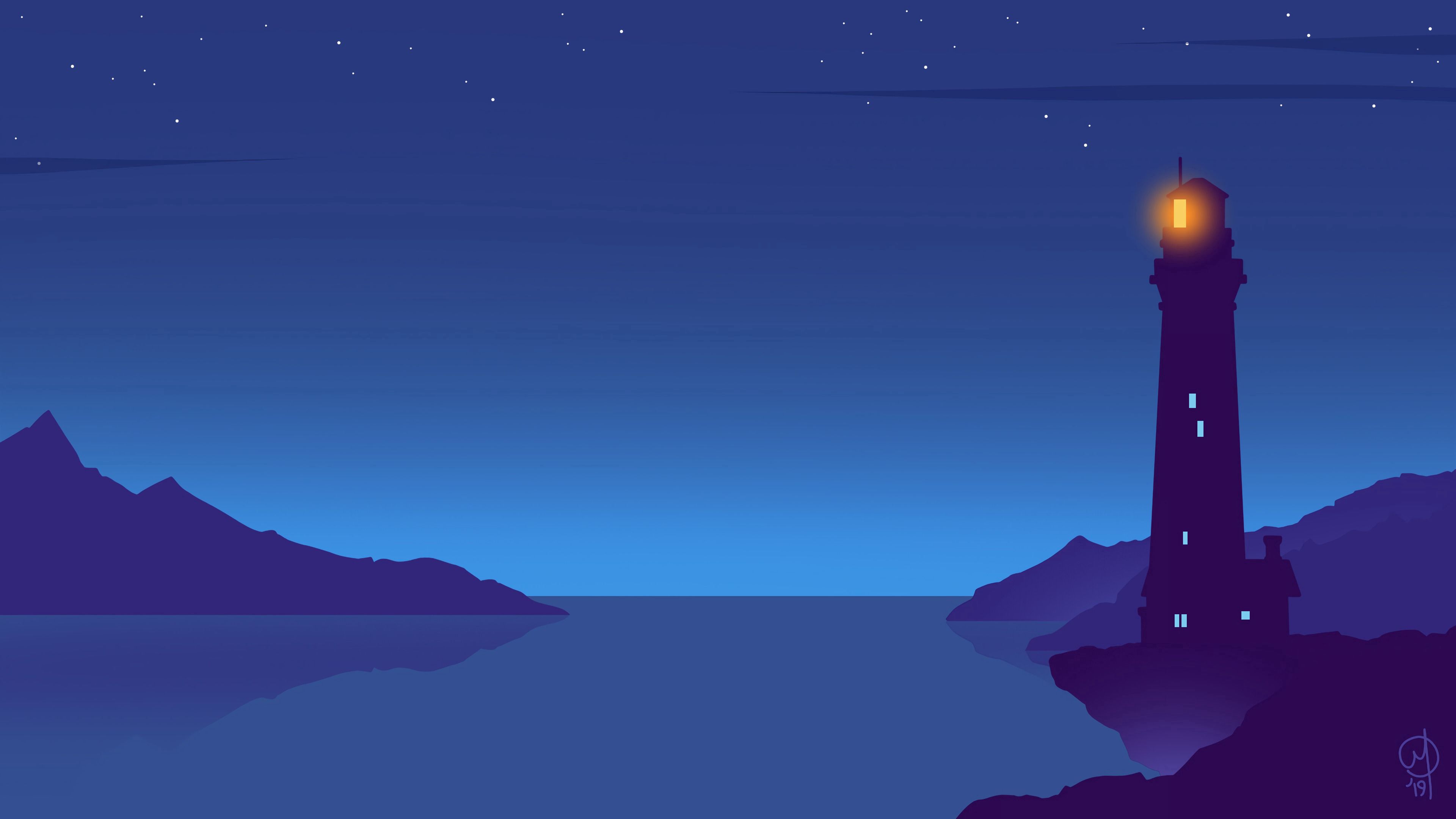 Wallpaper / lighthouse, night, vector, art, 4k free download