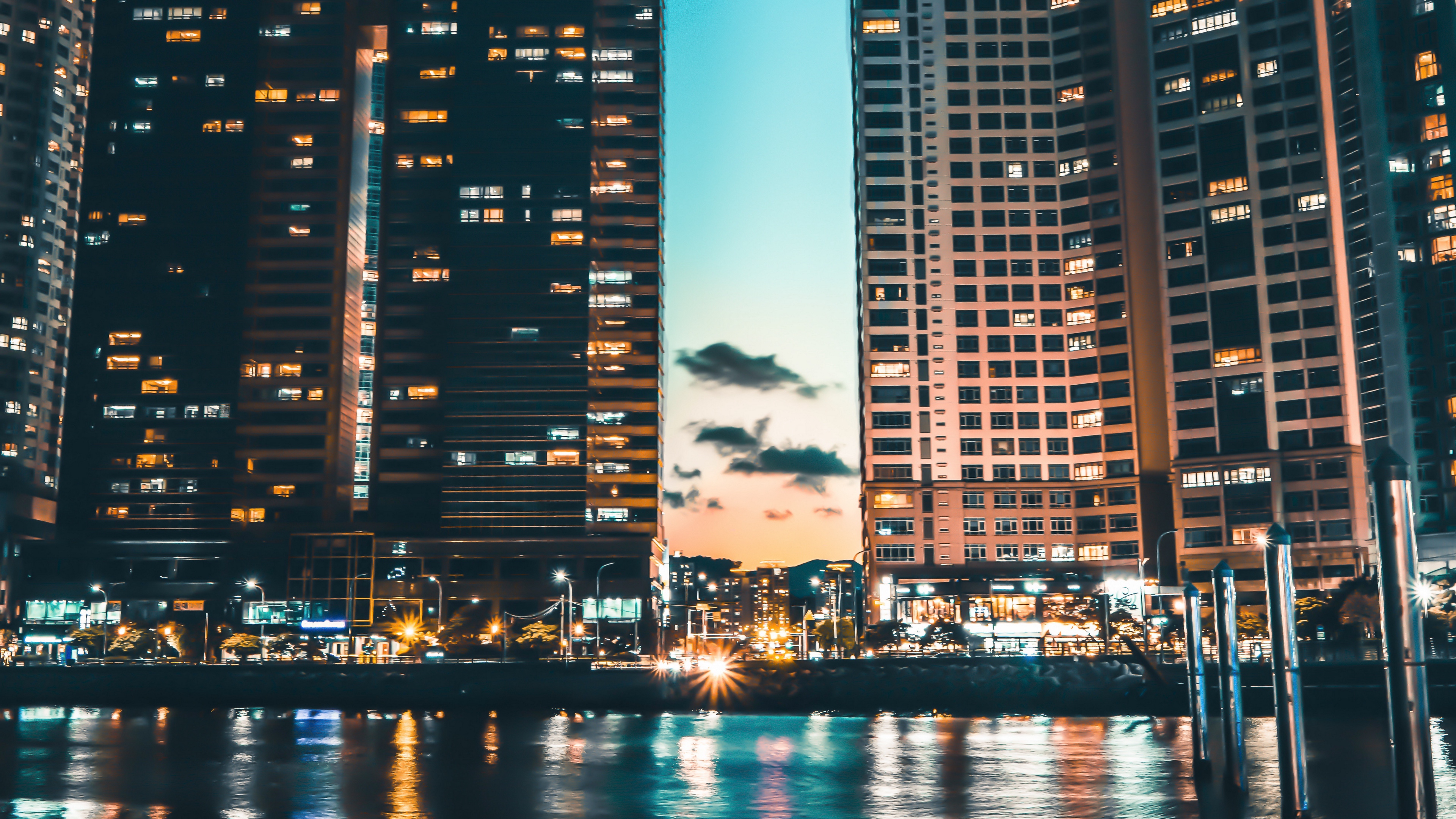 Wallpaper 4k skyscrapers, shore, night city, busan, south korea 4k Wallpaper