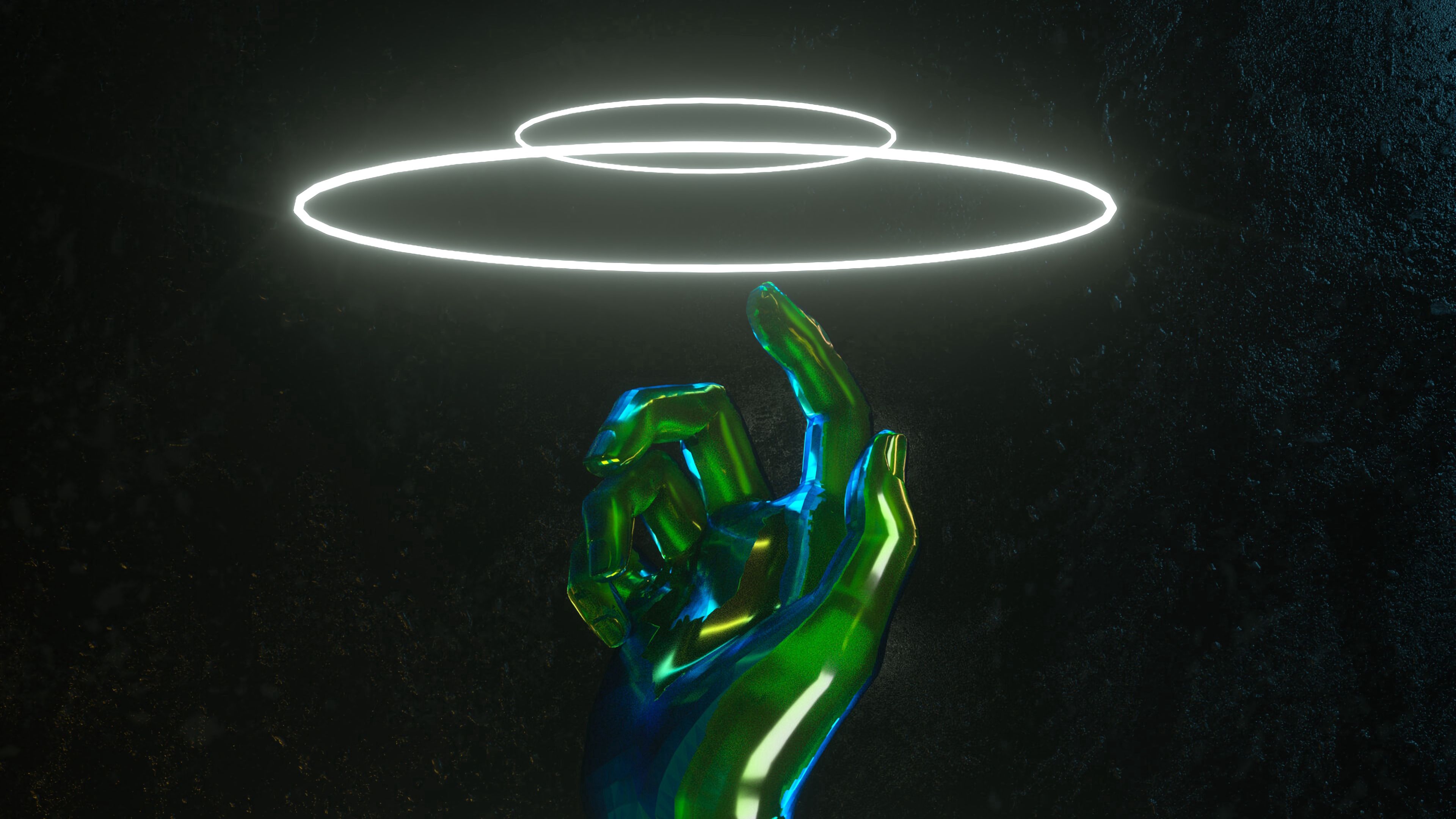 Download wallpaper 3840x2160 hand, neon, rings, glow, touch, 3D 4k uhd 16:9 HD background
