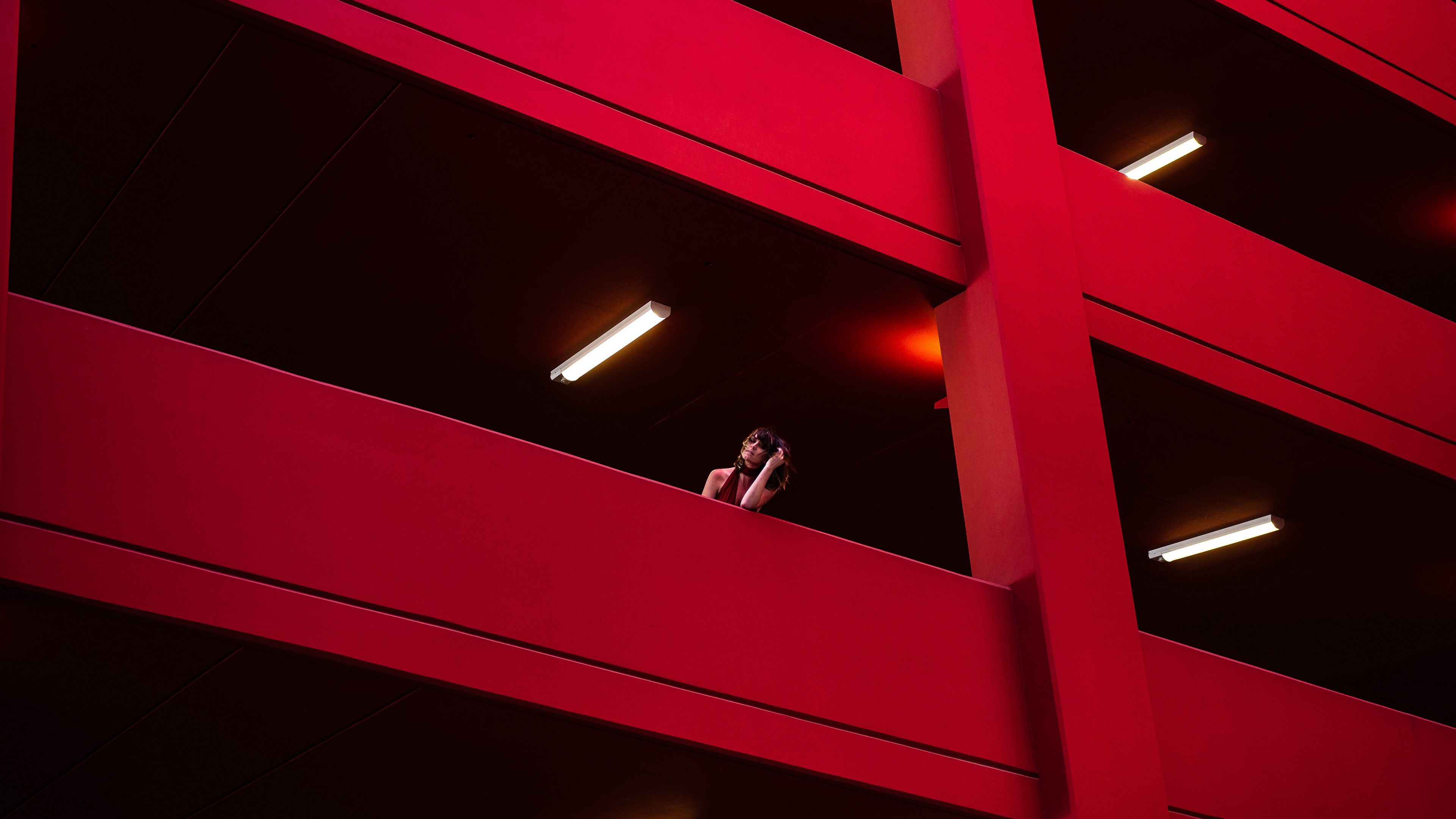 Download wallpaper 3840x2160 girl, architecture, red, minimalism 4k uhd 16:9 HD background