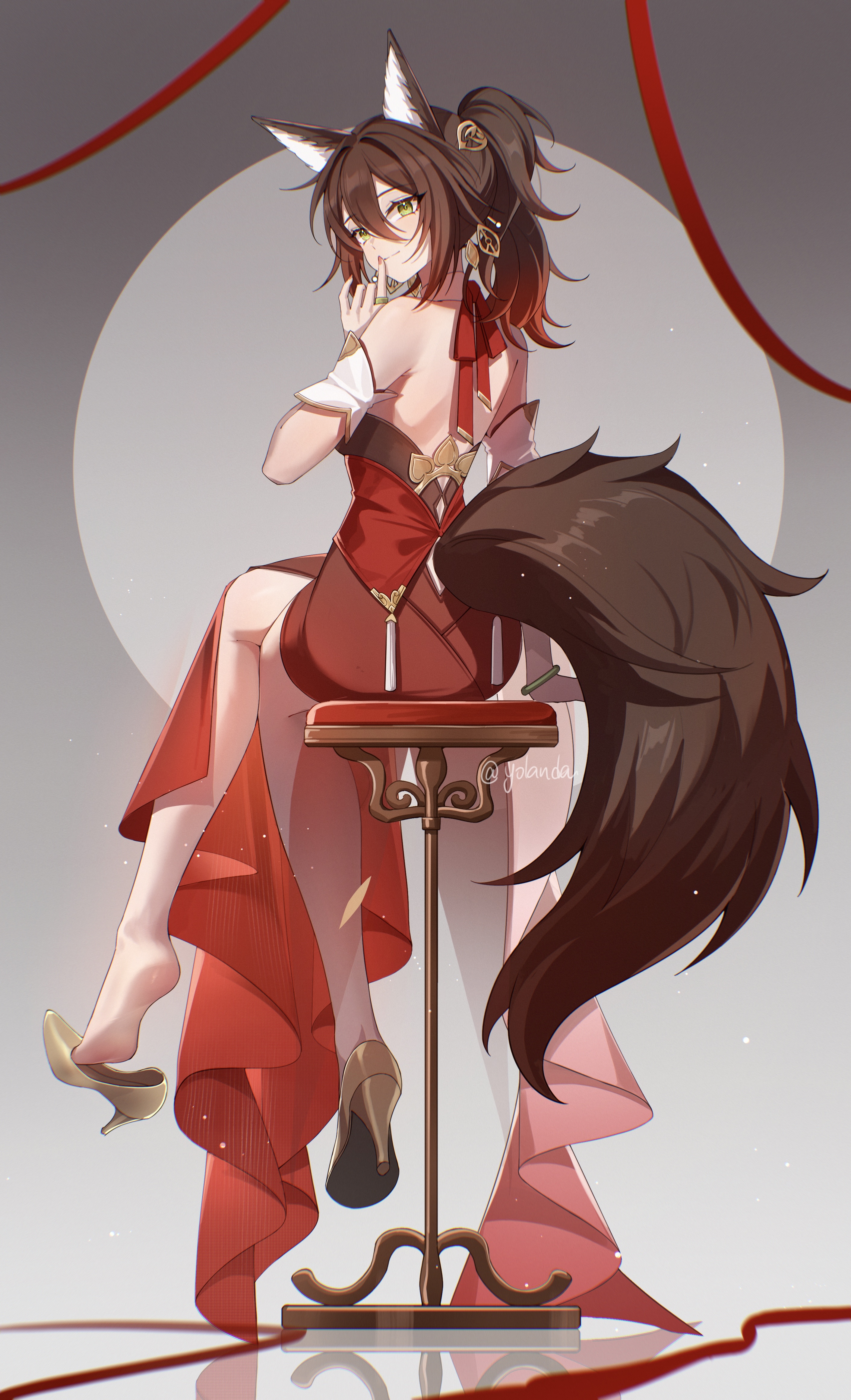 Wallpaper, Honkai Star Rail, artwork, Tingyun Honkai Star Rail, anime girls, black hair, green eyes, fox girl, Fox ears, fox tail, red dress, earring, bare shoulders, bareback, finger on lips, high