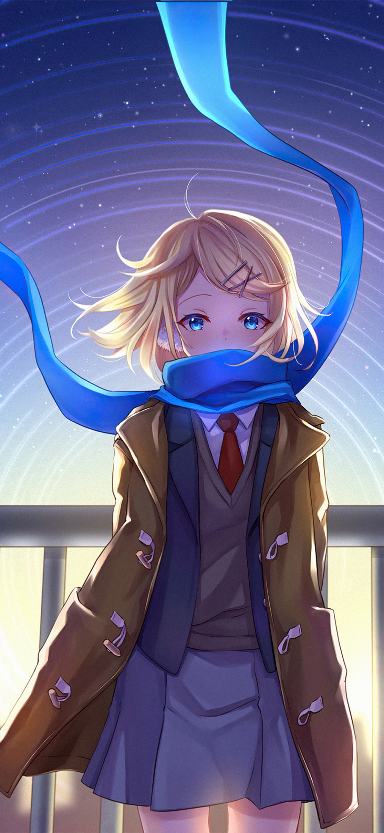 Anime girl Wallpaper 4K, School uniform, Star trail, Scarf