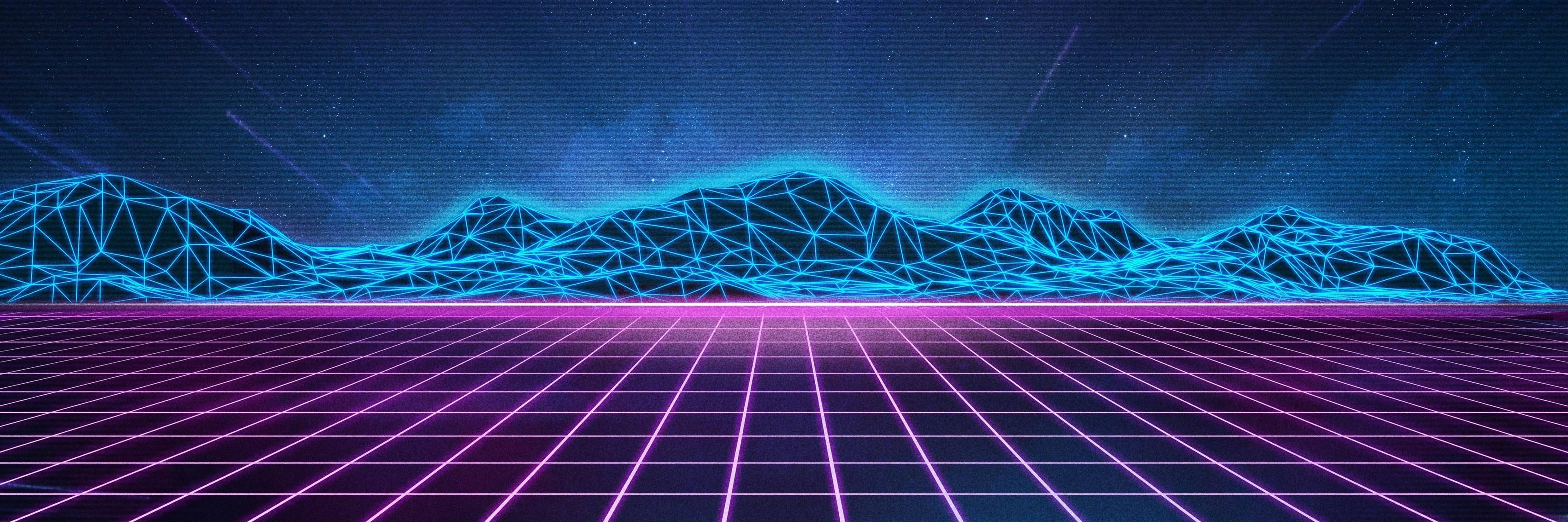 Download Retro Neon Grid Field Blue Mountains 4K Wallpaper