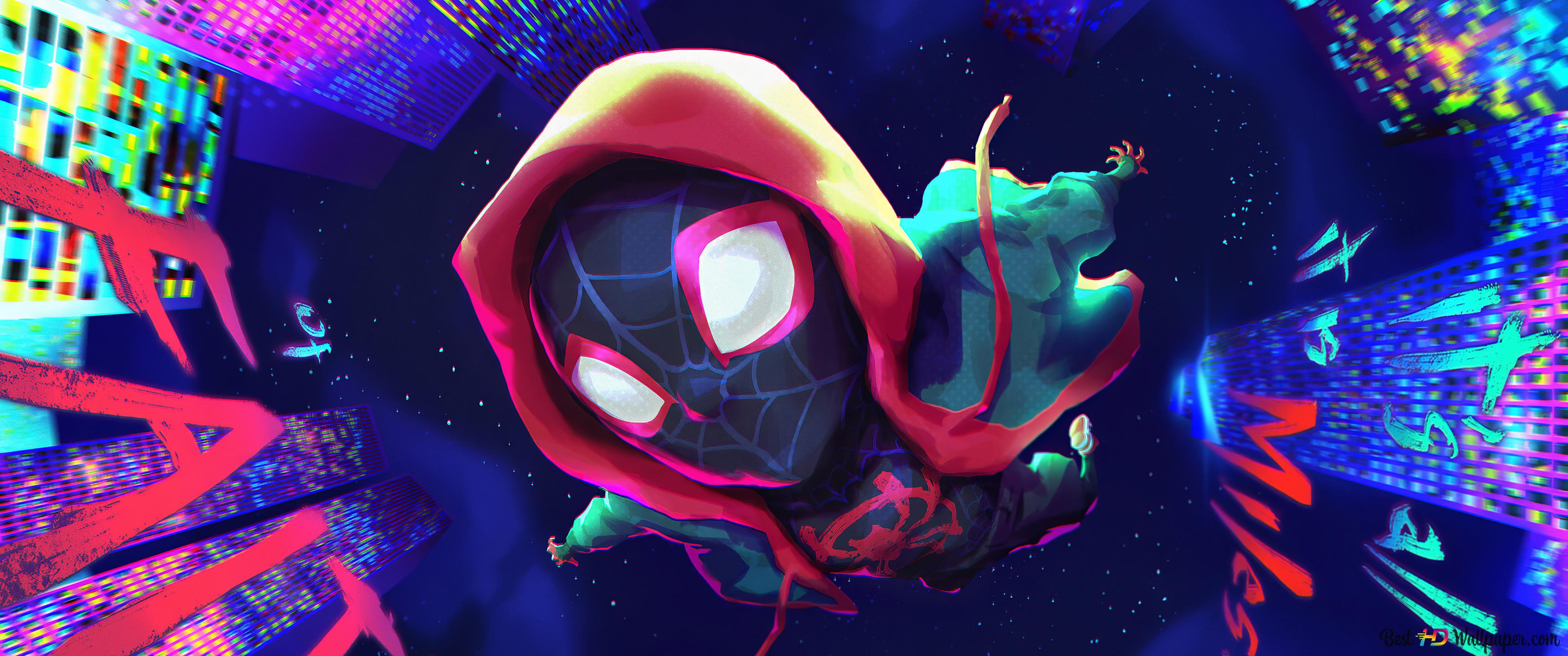 Spider Man Miles Morales On A Colourful Spider Verse 4K wallpaper download