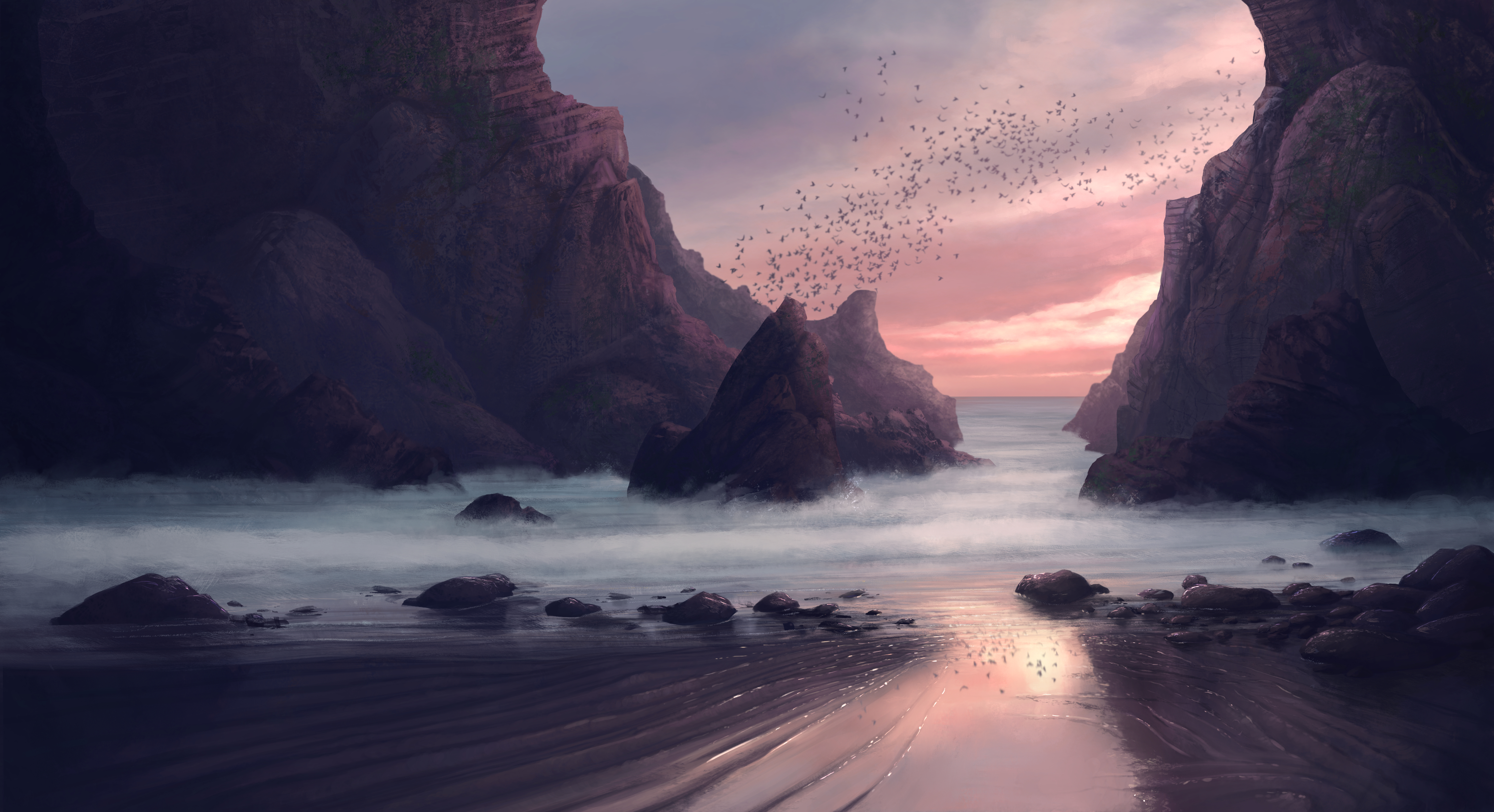 Beach Wallpaper 4K, Digital Art, Rocks