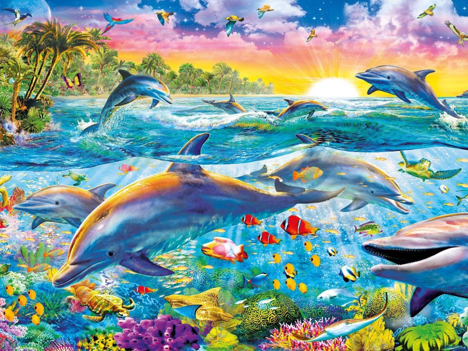 Tropical Landscape Marine Animal Underwater World Sea Dolphin Colorful Sea Fish Corals Land Coast Palm Trees Scarlet Birds Sunrise Art Wallpaper HD 1920x1200, Wallpaper13.com