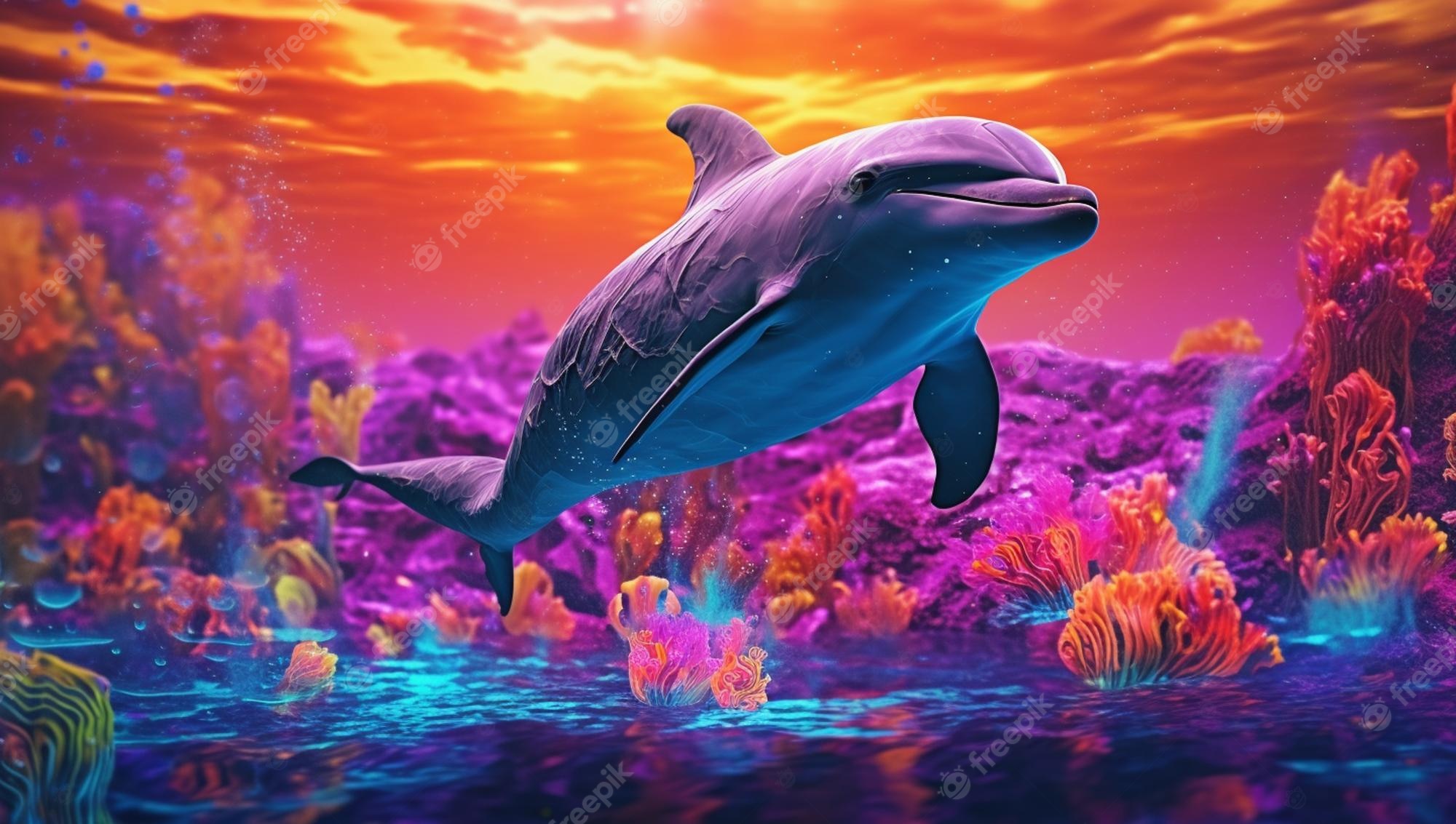 Premium Photo. A dolphin jumping out of the water with a colorful background
