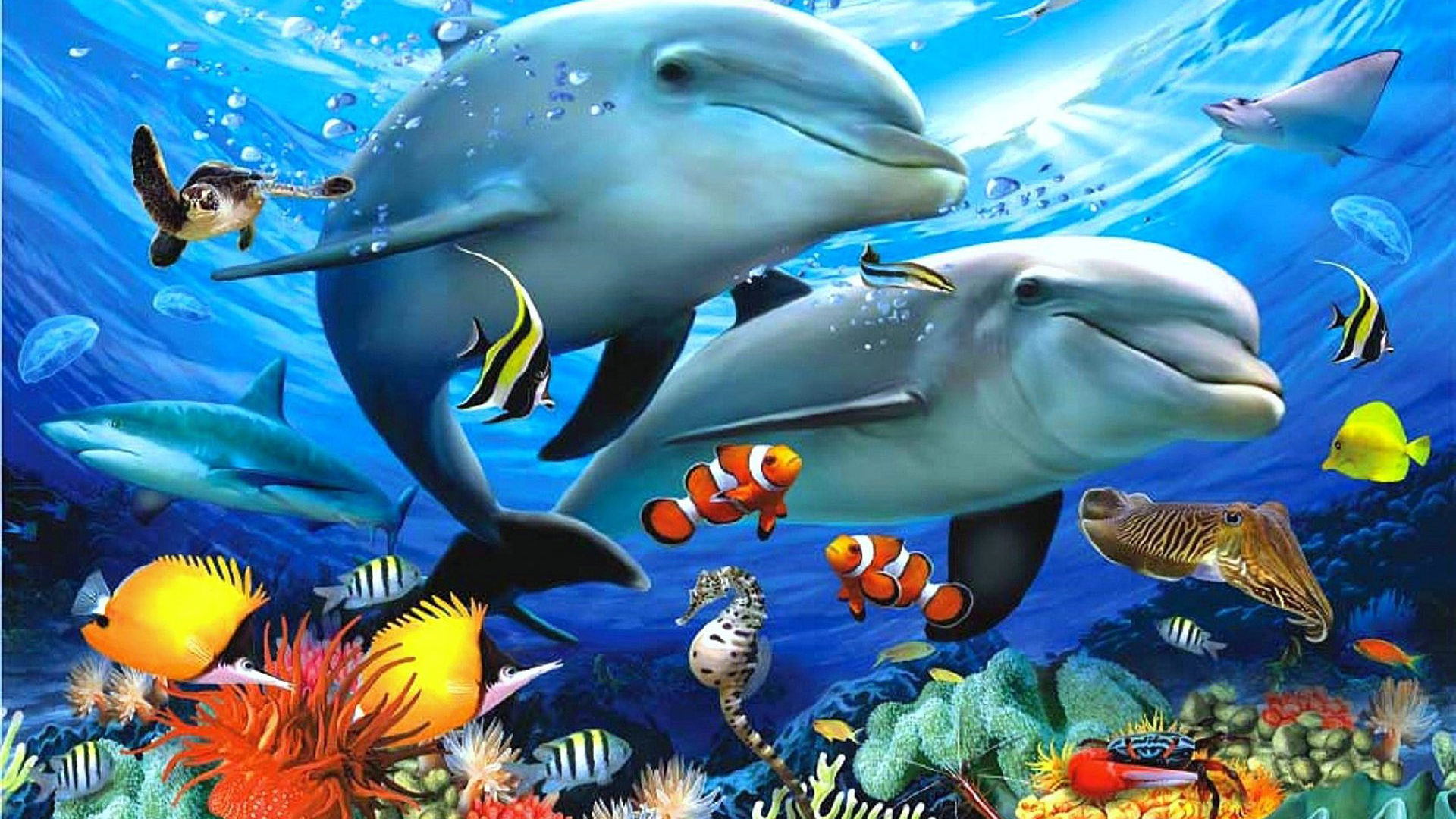 Ocean Sea Waves Underwater Animals Dolphins Exotic Colorful Fish Sip Corals Underwater Landscape Paradise Art Paintings Marine Animals 1920x1200, Wallpaper13.com