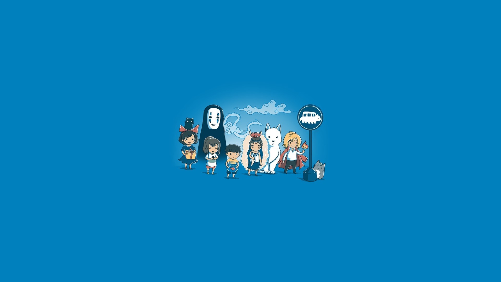 Wallpaper, illustration, simple background, minimalism, Spirited Away, text, logo, blue, cartoon, Princess Mononoke, My Neighbor Totoro, Studio Ghibli, Chihiro, brand, Castle in the Sky, ponyo, 1920x1080 px, font, Howls Moving Castle