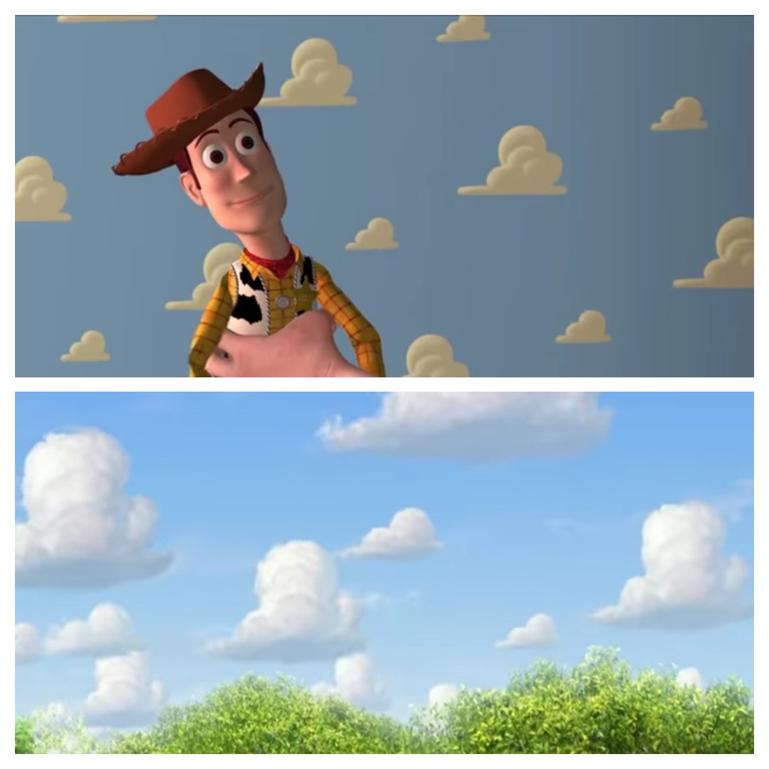 In Toy Story one of the first few scenes, we see Woody being held up with the cloud wallpaper in the background. At the end of Toy Story 3 when