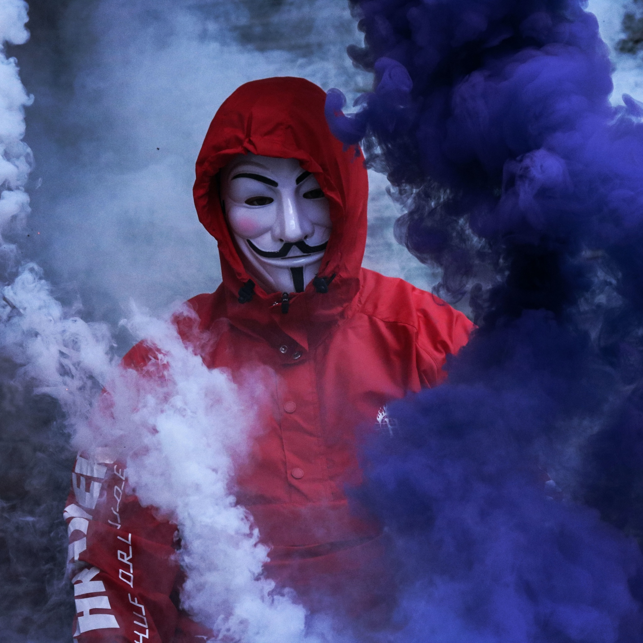 Man in Mask Wallpaper 4K, Smoke Background, Purple Smoke