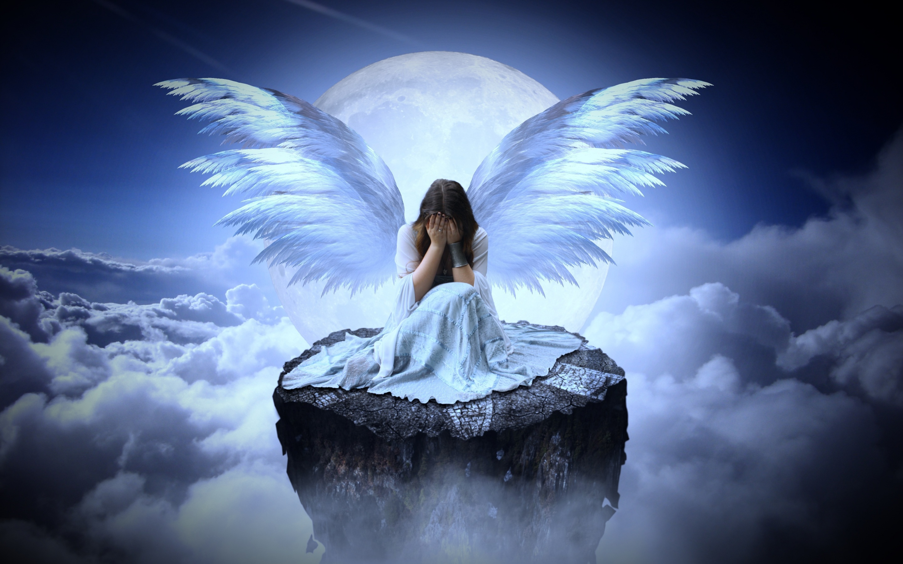 Sad girl Wallpaper 4K, Fairy, Angel wings, Eyes closed