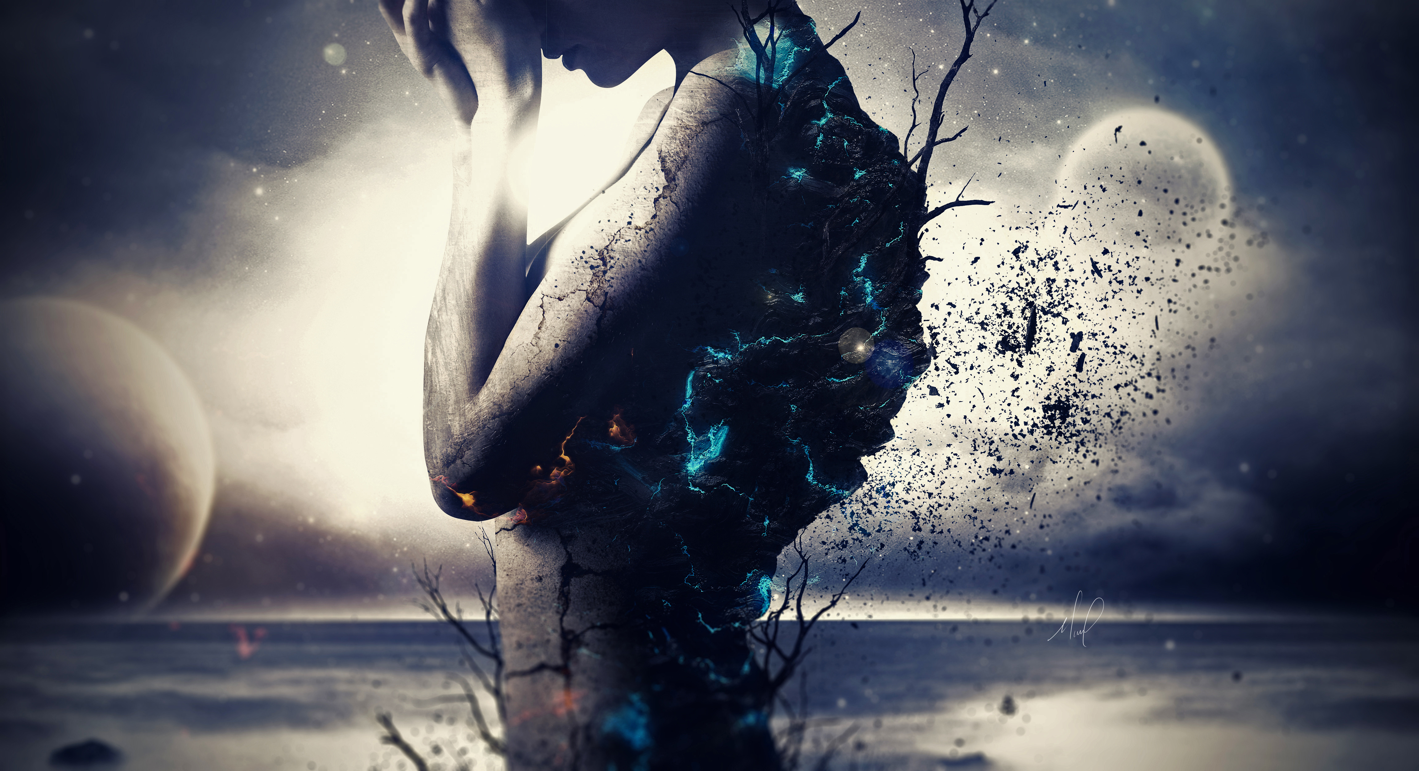 Alone, Girl, Surreal, Mood, Planets, 4K, Sadness Gallery HD Wallpaper